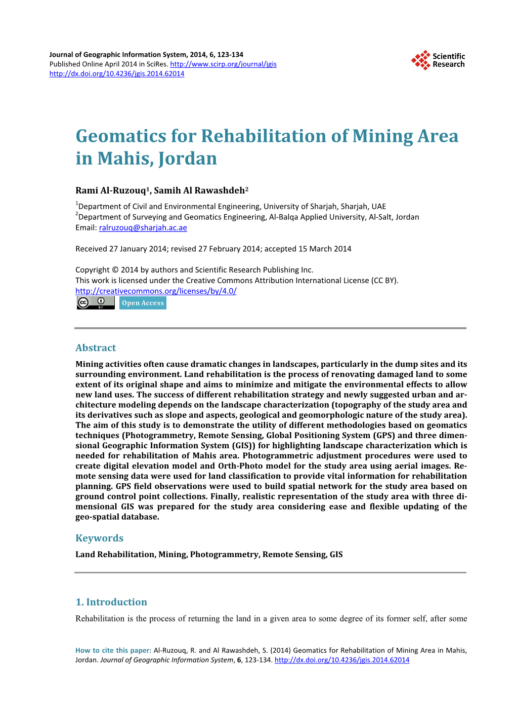 Geomatics for Rehabilitation of Mining Area in Mahis, Jordan