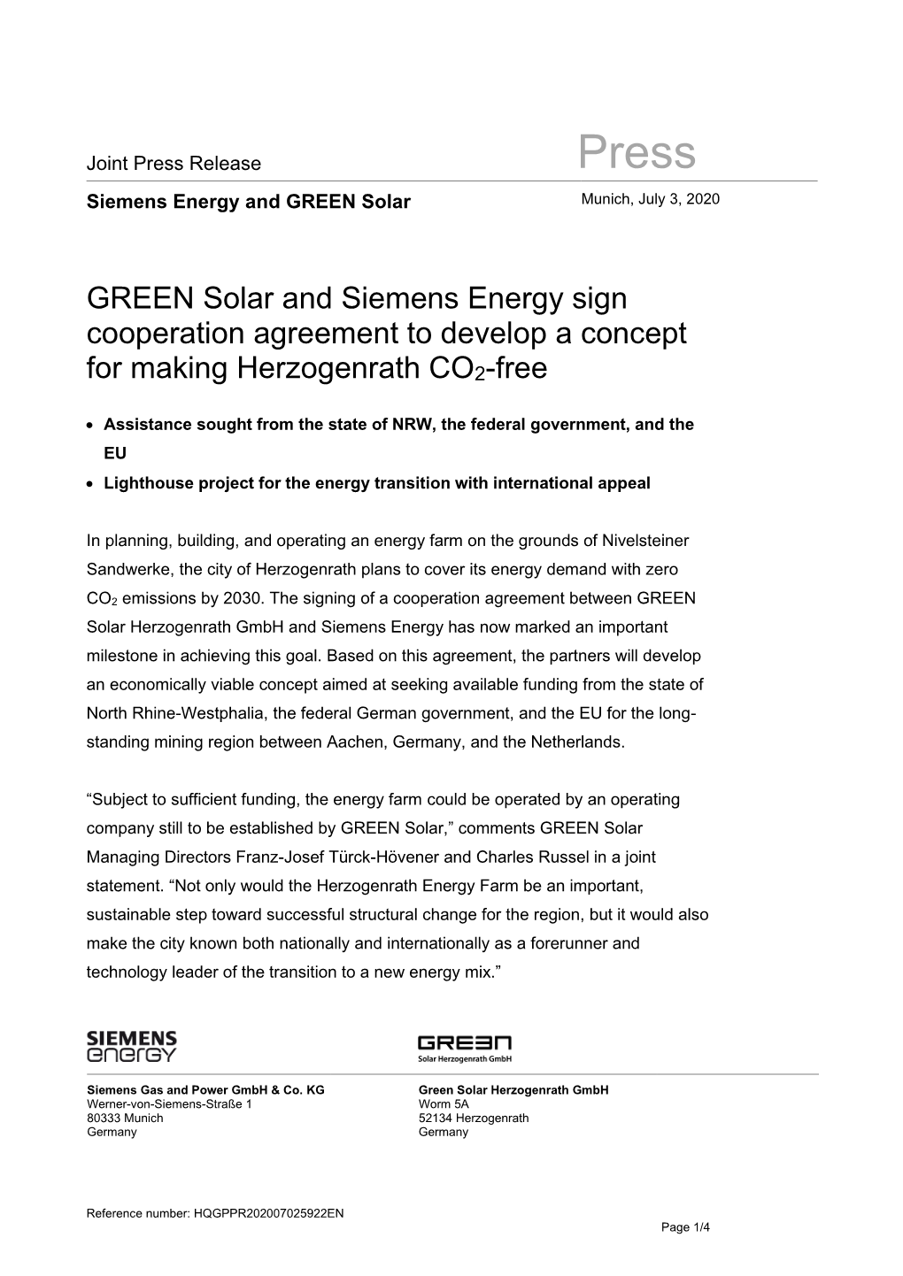 GREEN Solar and Siemens Energy Sign Cooperation Agreement to Develop a Concept for Making Herzogenrath CO2-Free