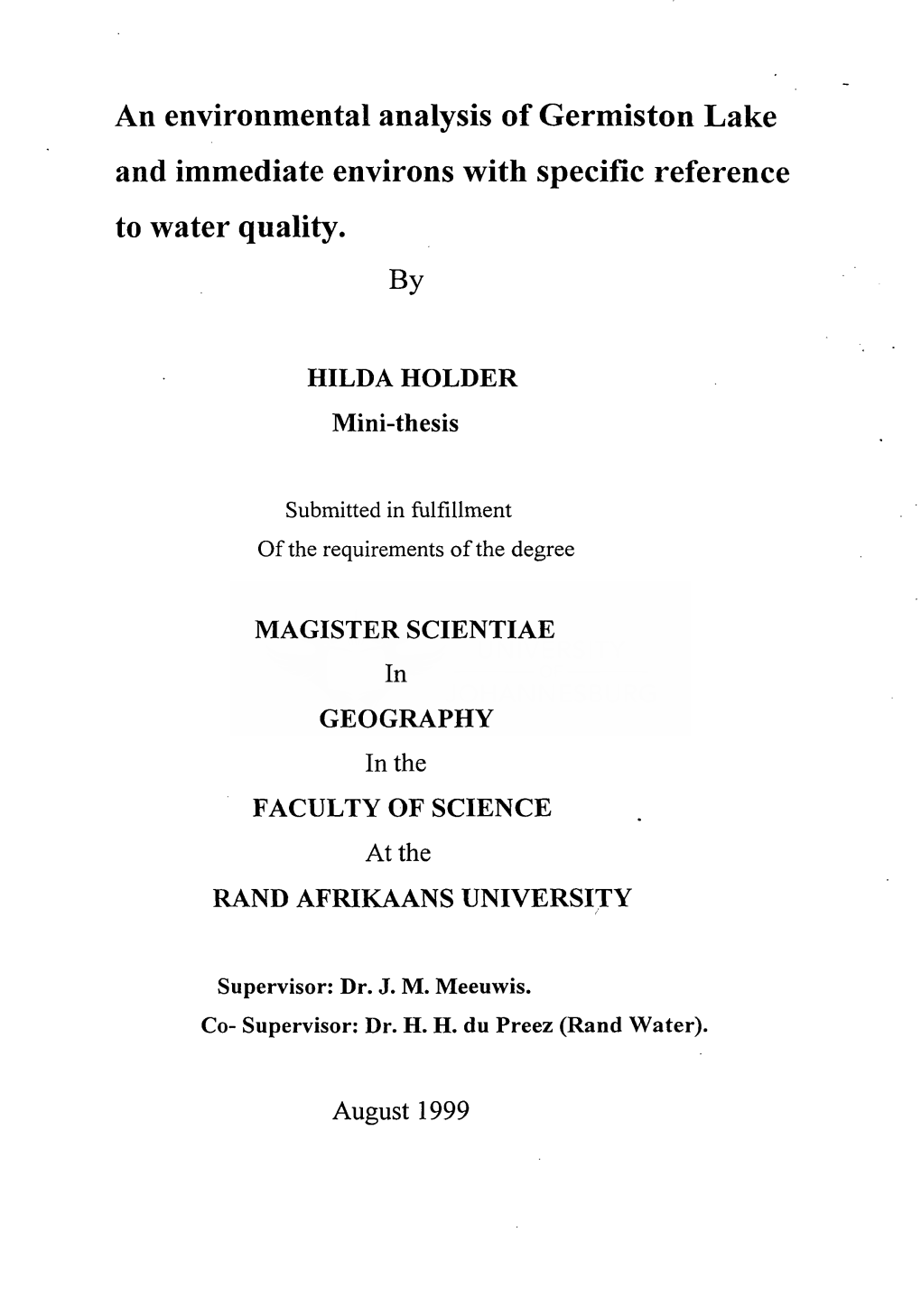 An Environmental Analysis of Germiston Lake and Immediate Environs with Specific Reference to Water Quality