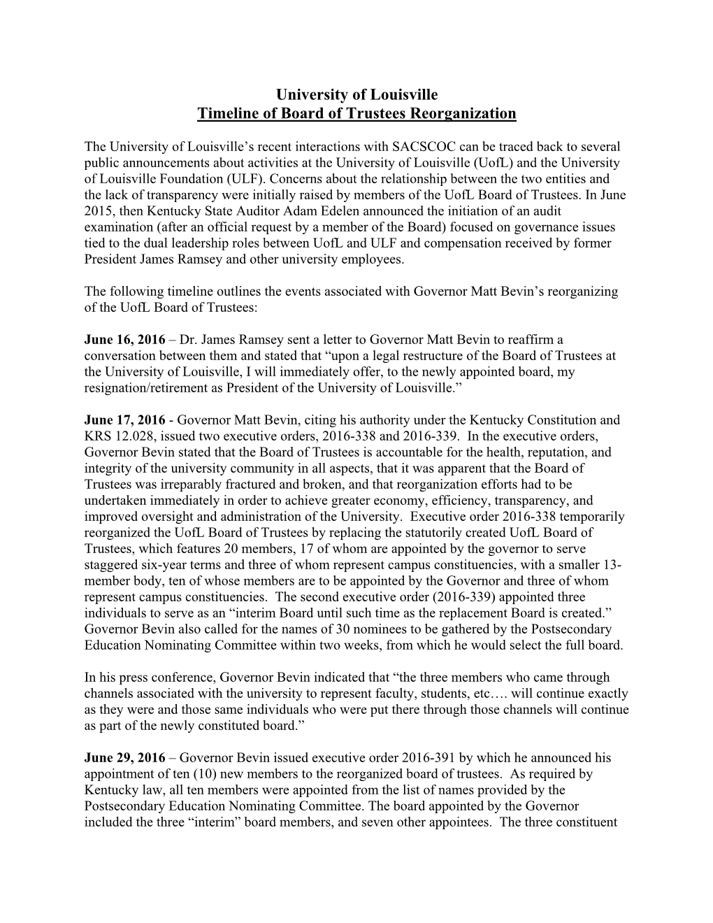 University of Louisville Timeline of Board of Trustees Reorganization