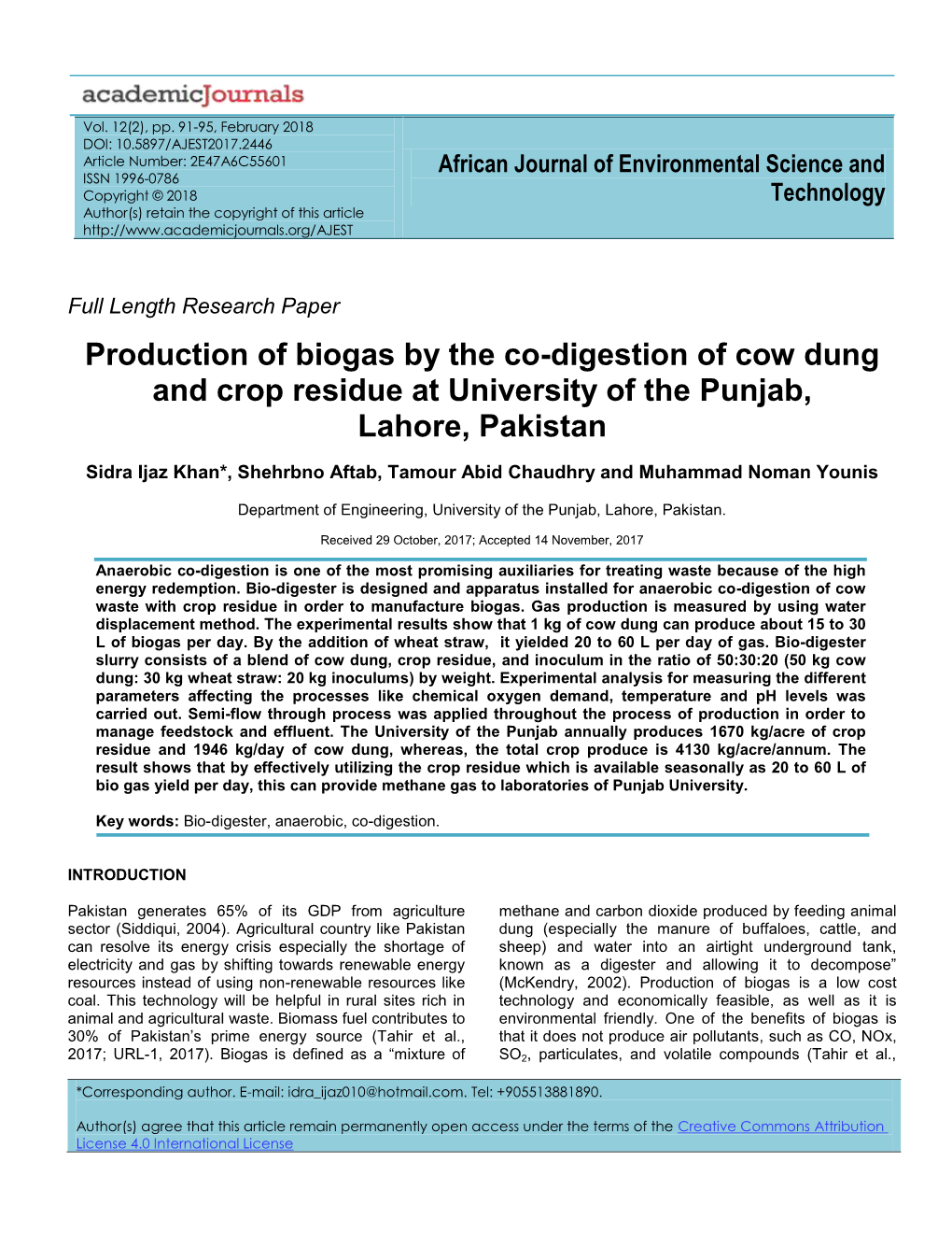 Production of Biogas by the Co-Digestion of Cow Dung and Crop Residue at University of the Punjab, Lahore, Pakistan