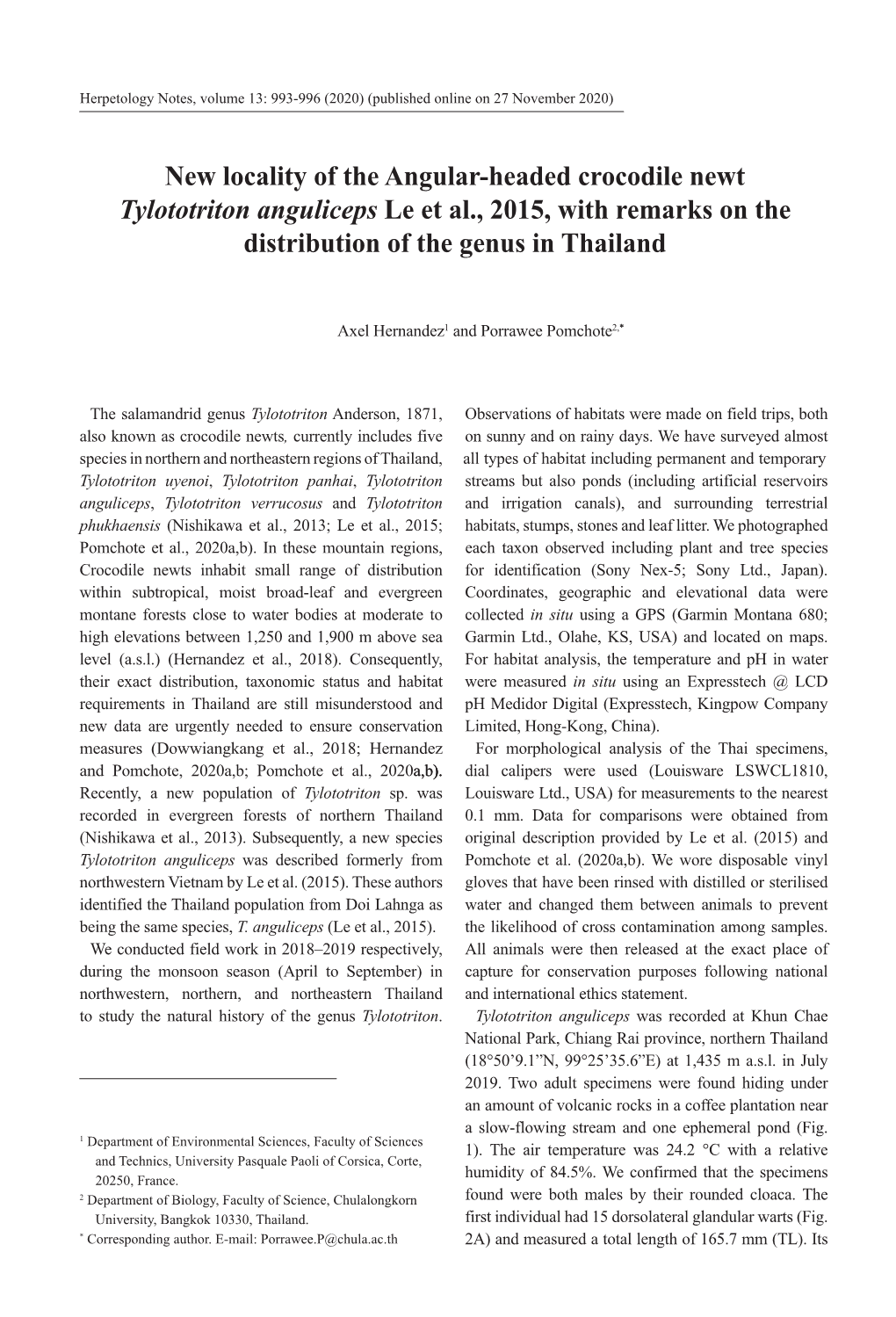 New Locality of the Angular-Headed Crocodile Newt Tylototriton Anguliceps Le Et Al., 2015, with Remarks on the Distribution of the Genus in Thailand