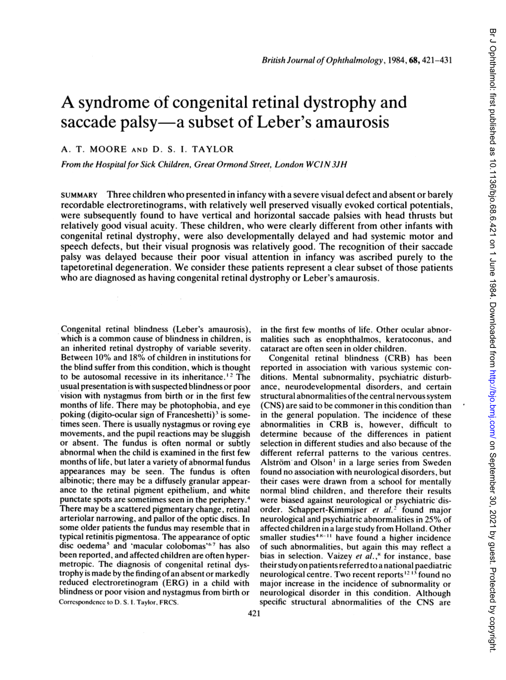 A Syndrome of Congenital Retinal Dystrophy and Saccade Palsy-A Subset of Leber's Amaurosis