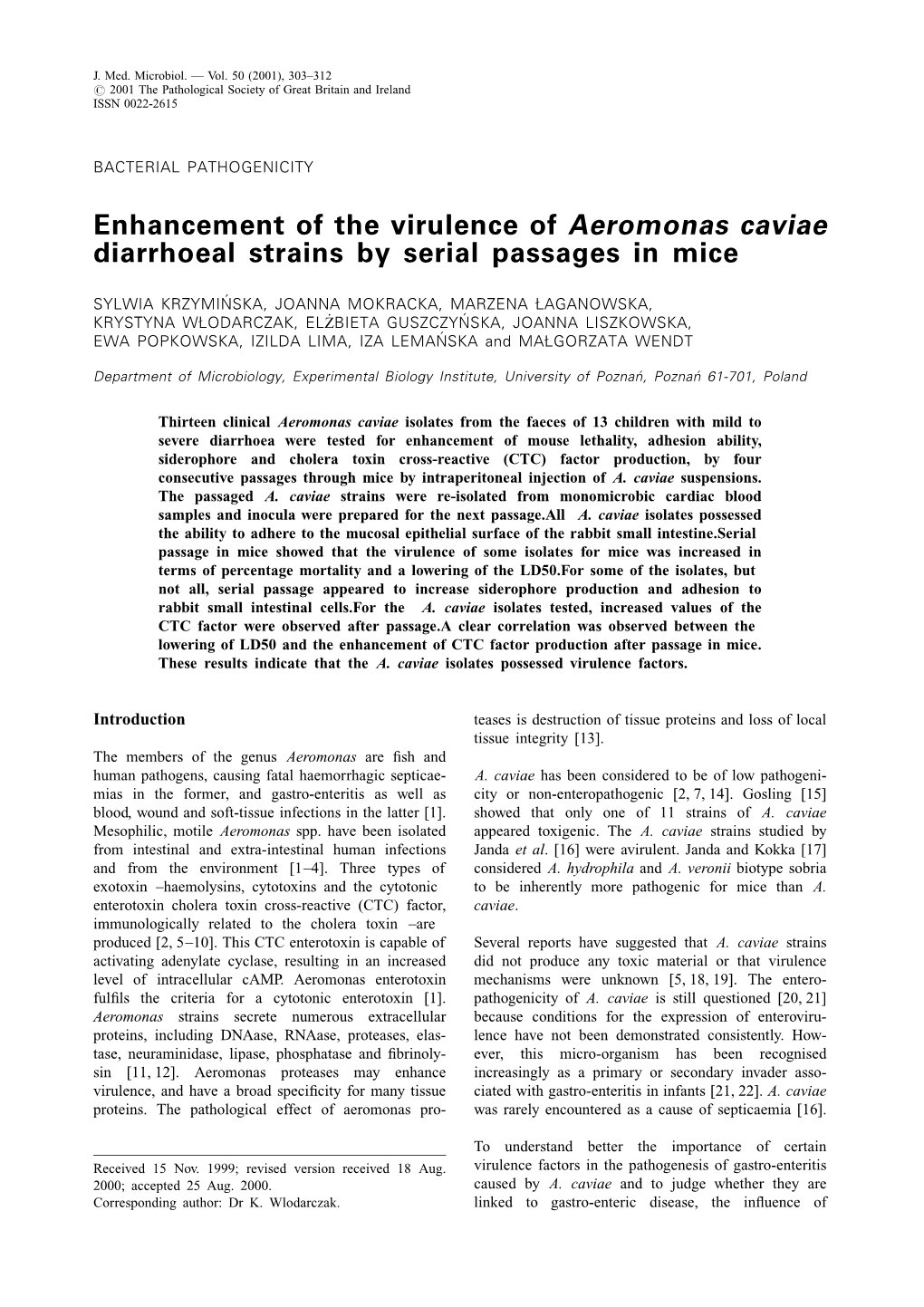 Enhancement of the Virulence of Aeromonas Caviae Diarrhoeal Strains by Serial Passages in Mice