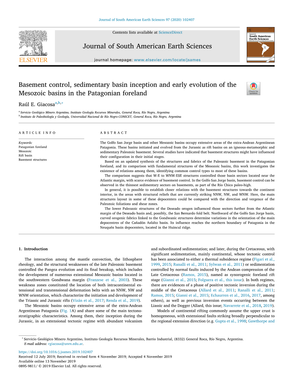 Basement Control, Sedimentary Basin Inception and Early Evolution of the T Mesozoic Basins in the Patagonian Foreland ∗ Raúl E