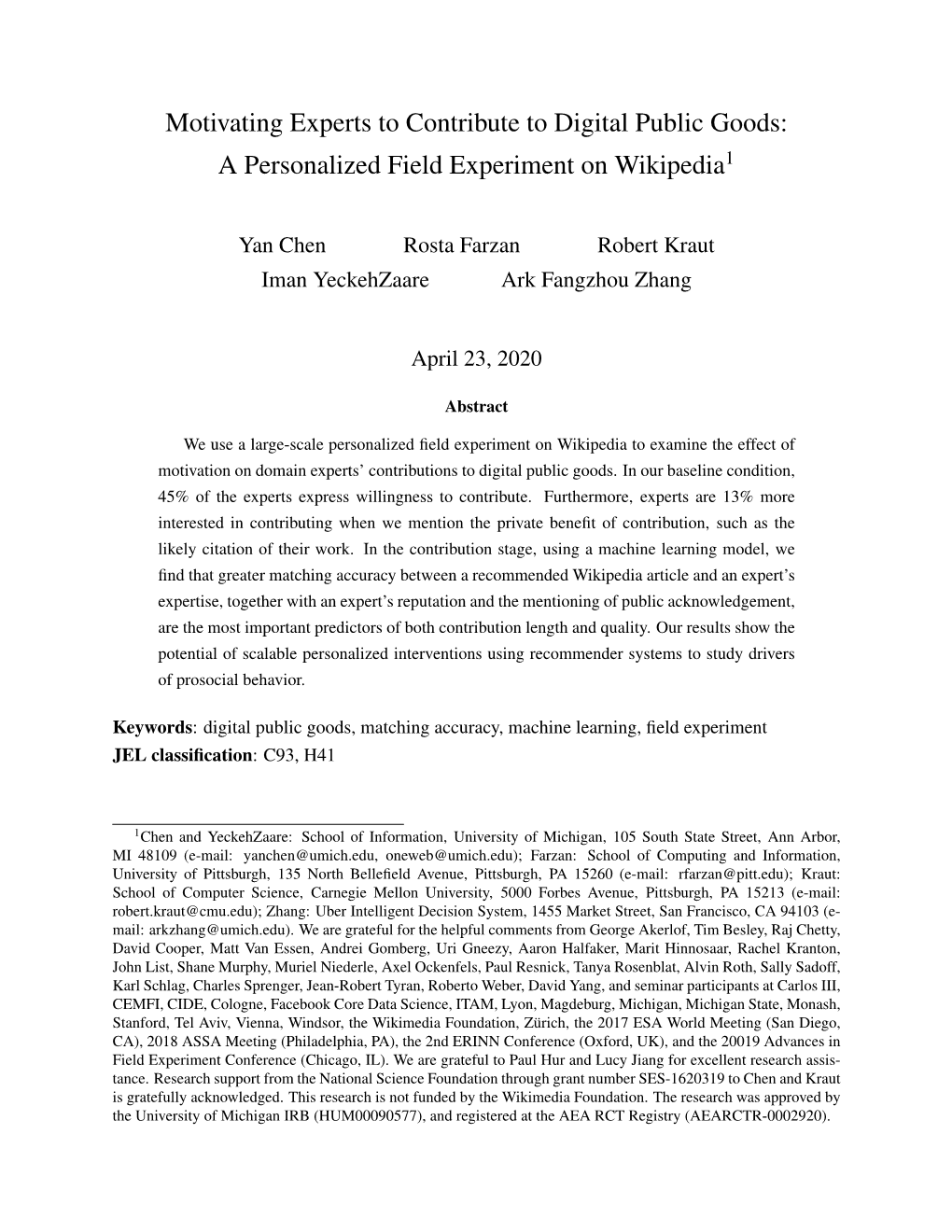 Motivating Experts to Contribute to Digital Public Goods: a Personalized Field Experiment on Wikipedia1
