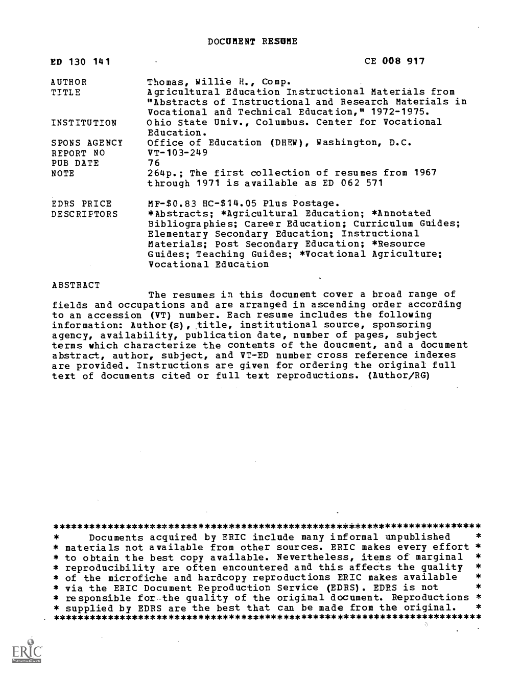 Agricultural Education Instructional Materials from "Abstracts of Instructional and Research Materials in Vocational and Technical Education," 1972-1975