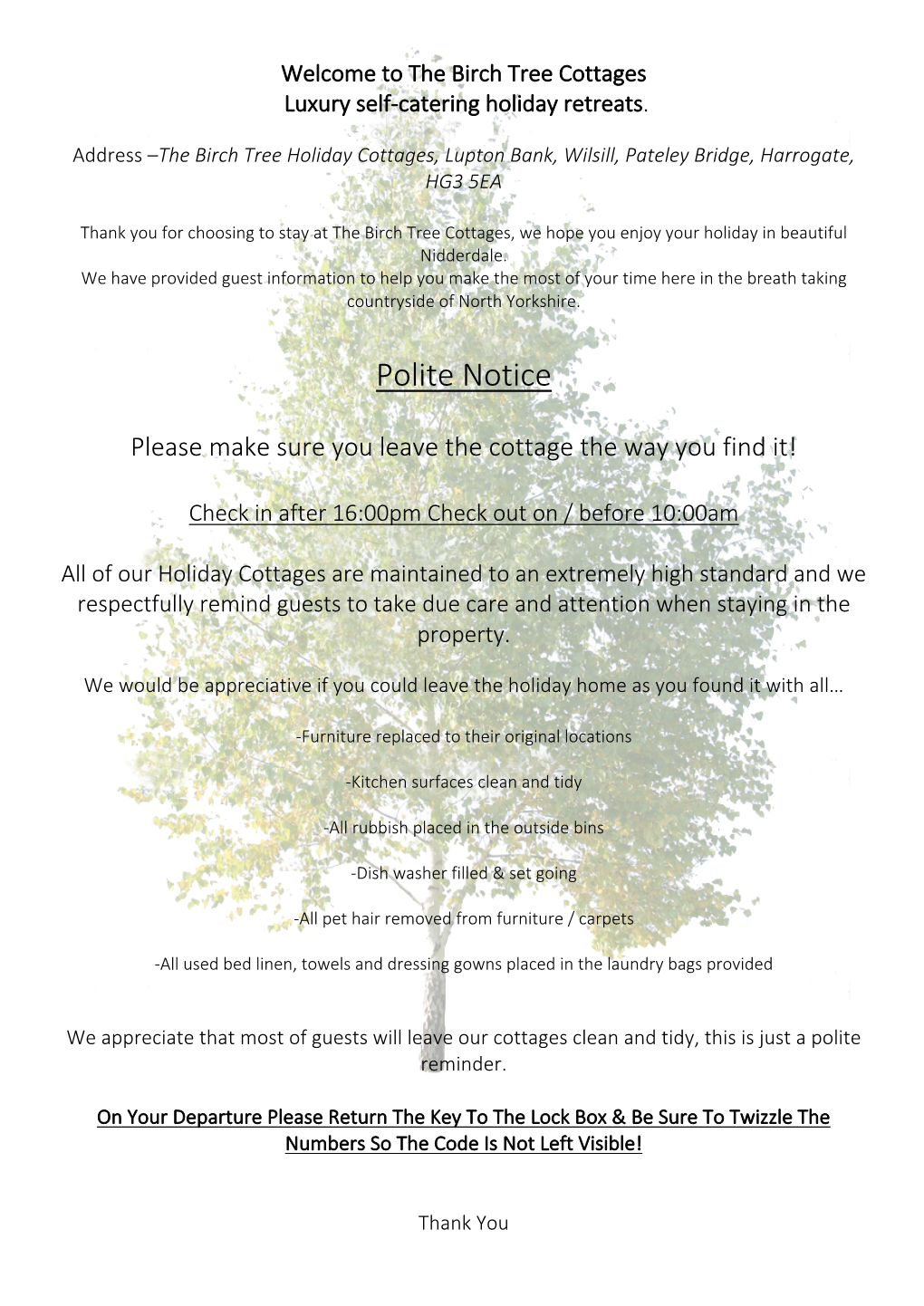 Birch Tree Luxury Cottages Information Pack