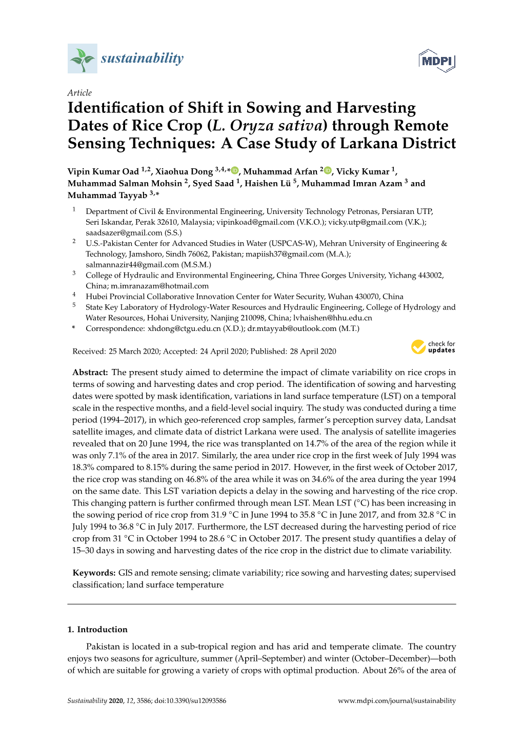 Identification of Shift in Sowing and Harvesting Dates of Rice Crop