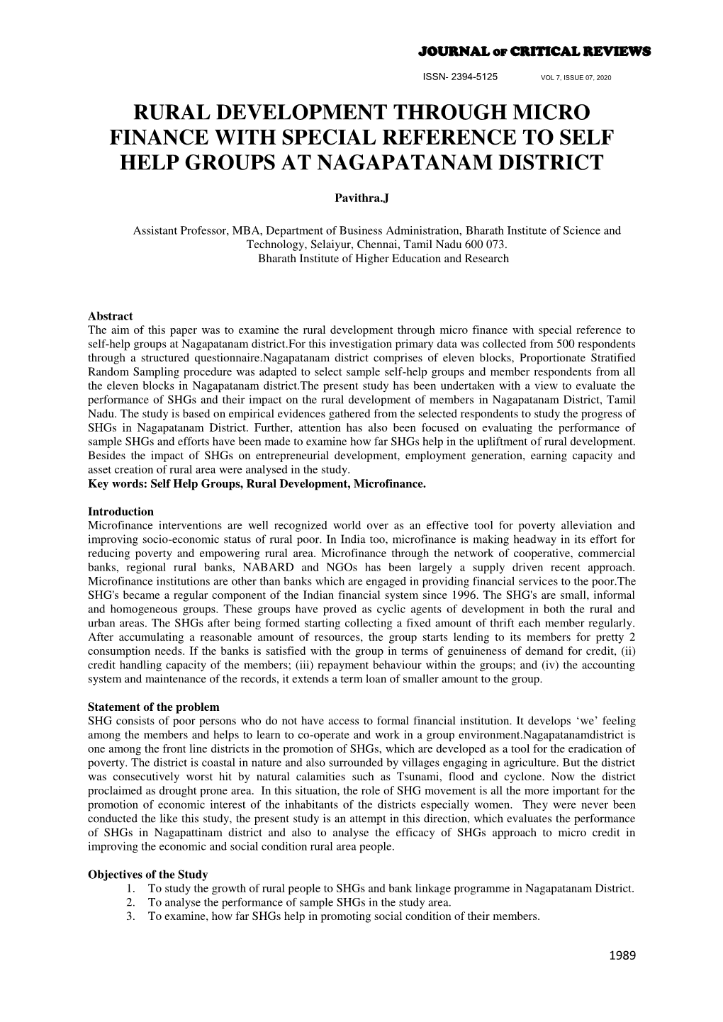 Rural Development Through Micro Finance with Special Reference to Self Help Groups at Nagapatanam District