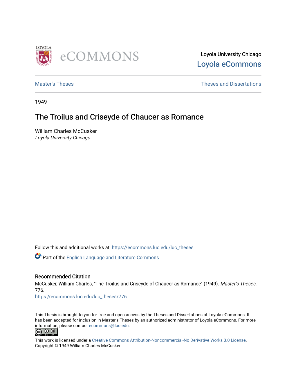 The Troilus and Criseyde of Chaucer As Romance