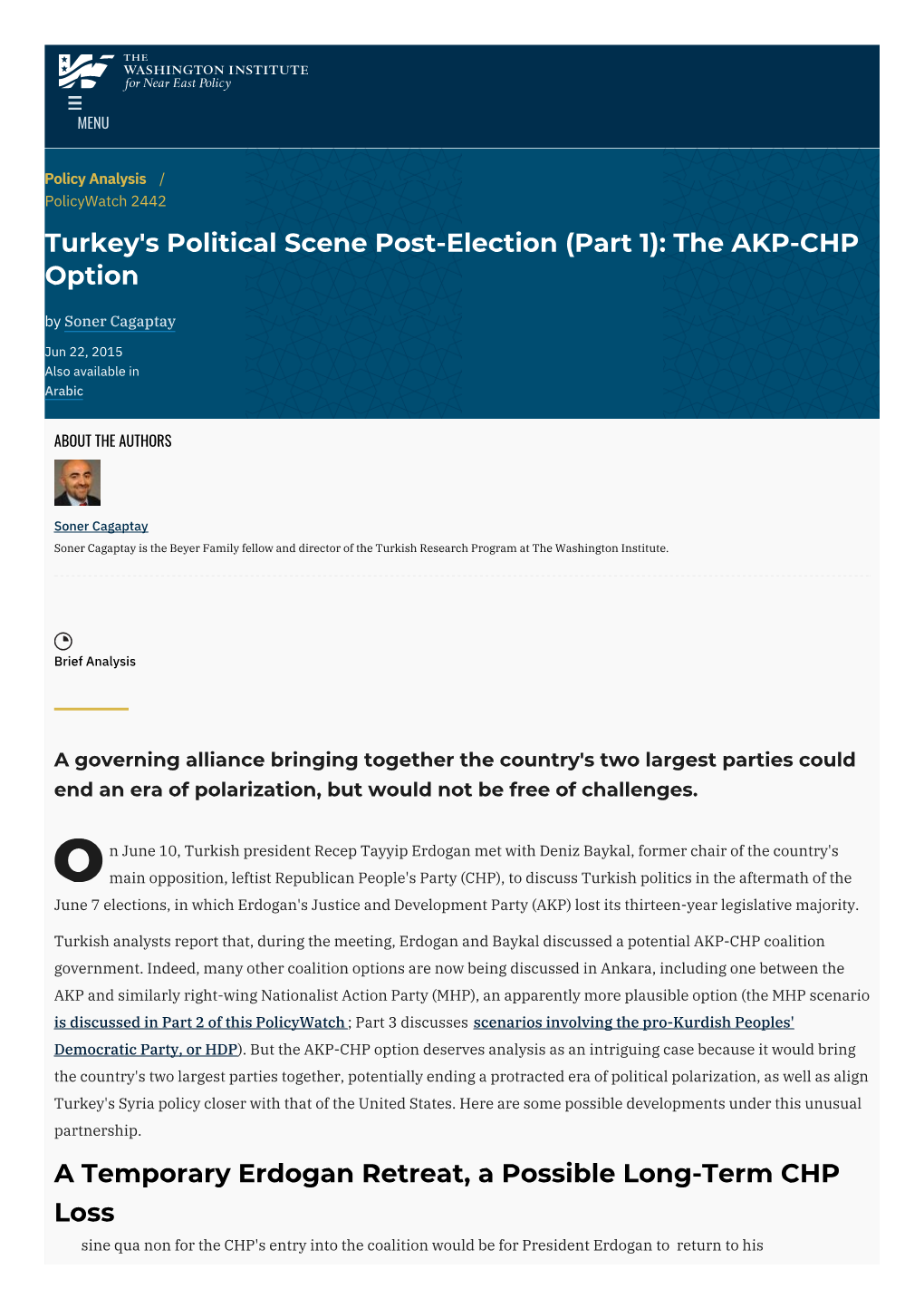 Turkey's Political Scene Post-Election (Part 1): the AKP-CHP Option by Soner Cagaptay