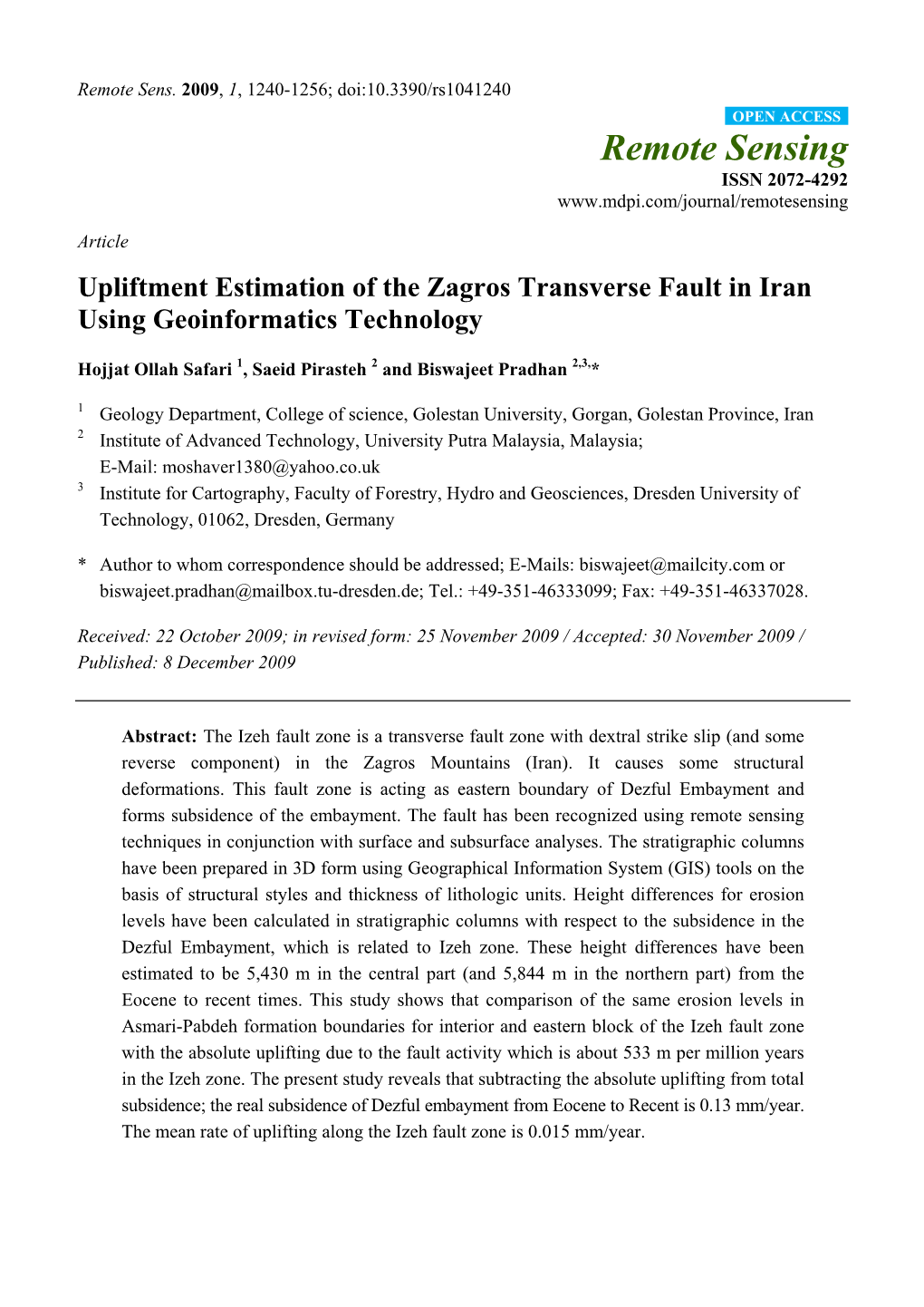 Upliftment Estimation of the Zagros Transverse Fault in Iran Using Geoinformatics Technology