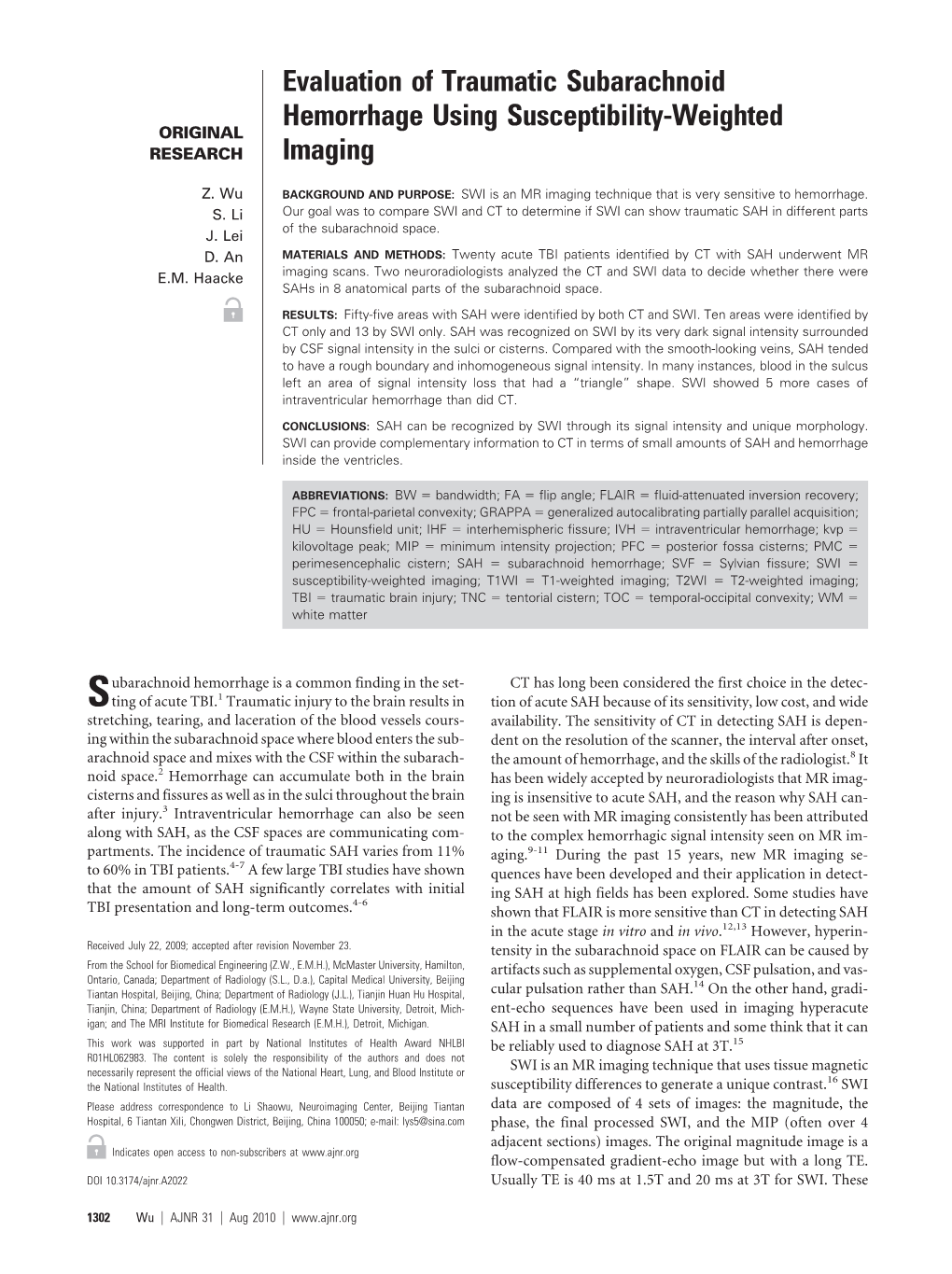 Evaluation of Traumatic Subarachnoid Hemorrhage Using Susceptibility-Weighted ORIGINAL RESEARCH Imaging