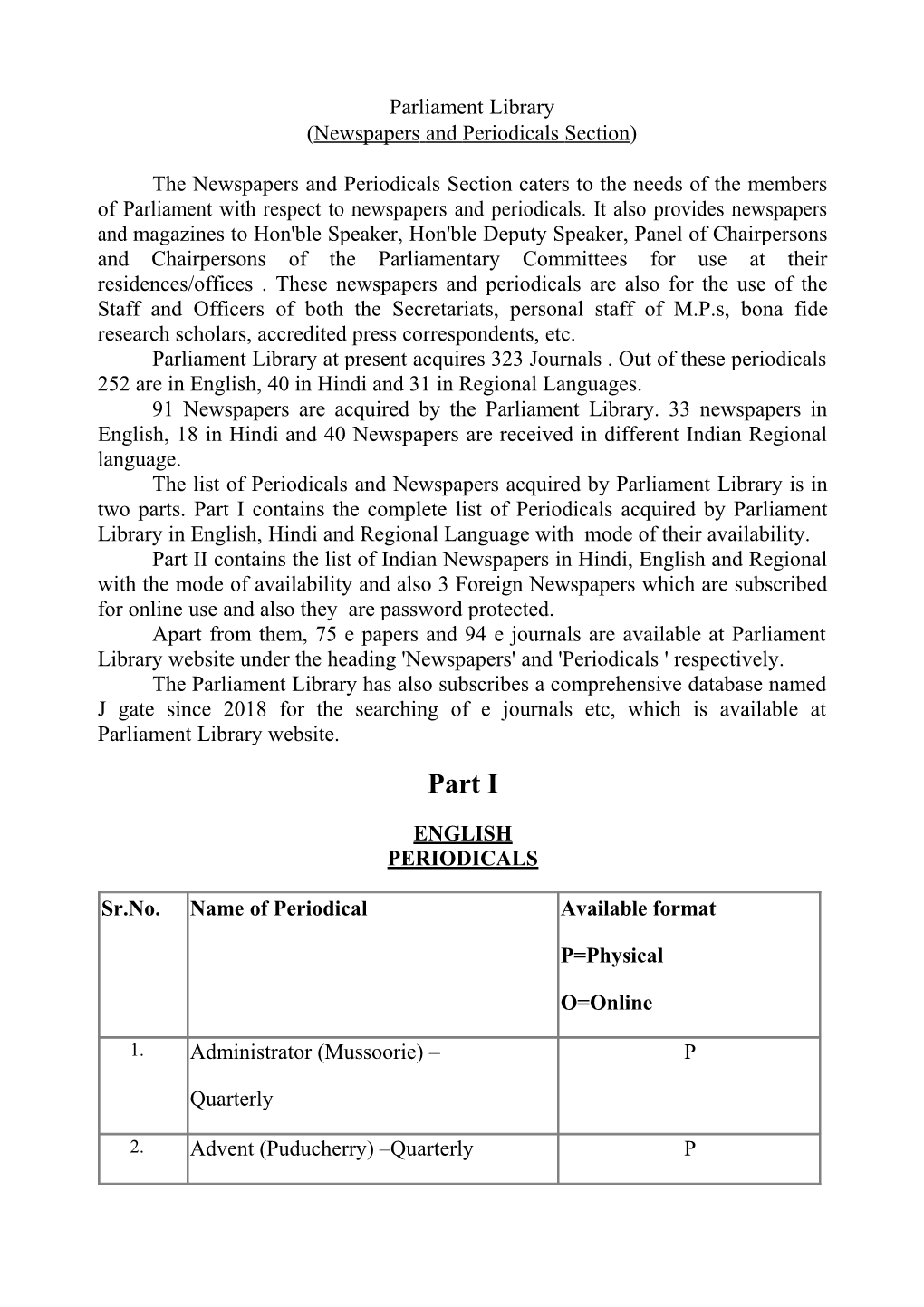 Part I Contains the Complete List of Periodicals Acquired by Parliament Library in English, Hindi and Regional Language with Mode of Their Availability