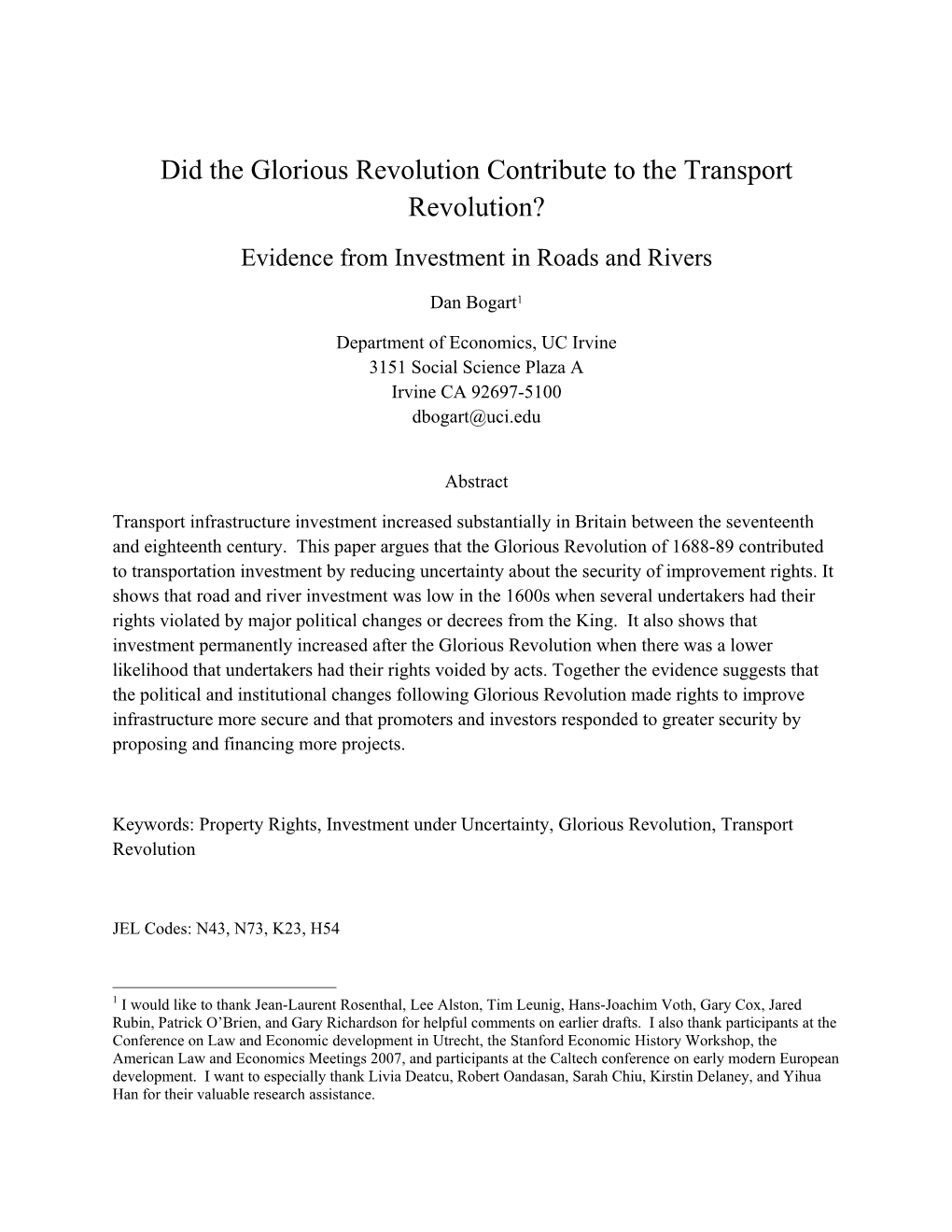 Did the Glorious Revolution Contribute to the Transport Revolution? Evidence from Investment in Roads and Rivers