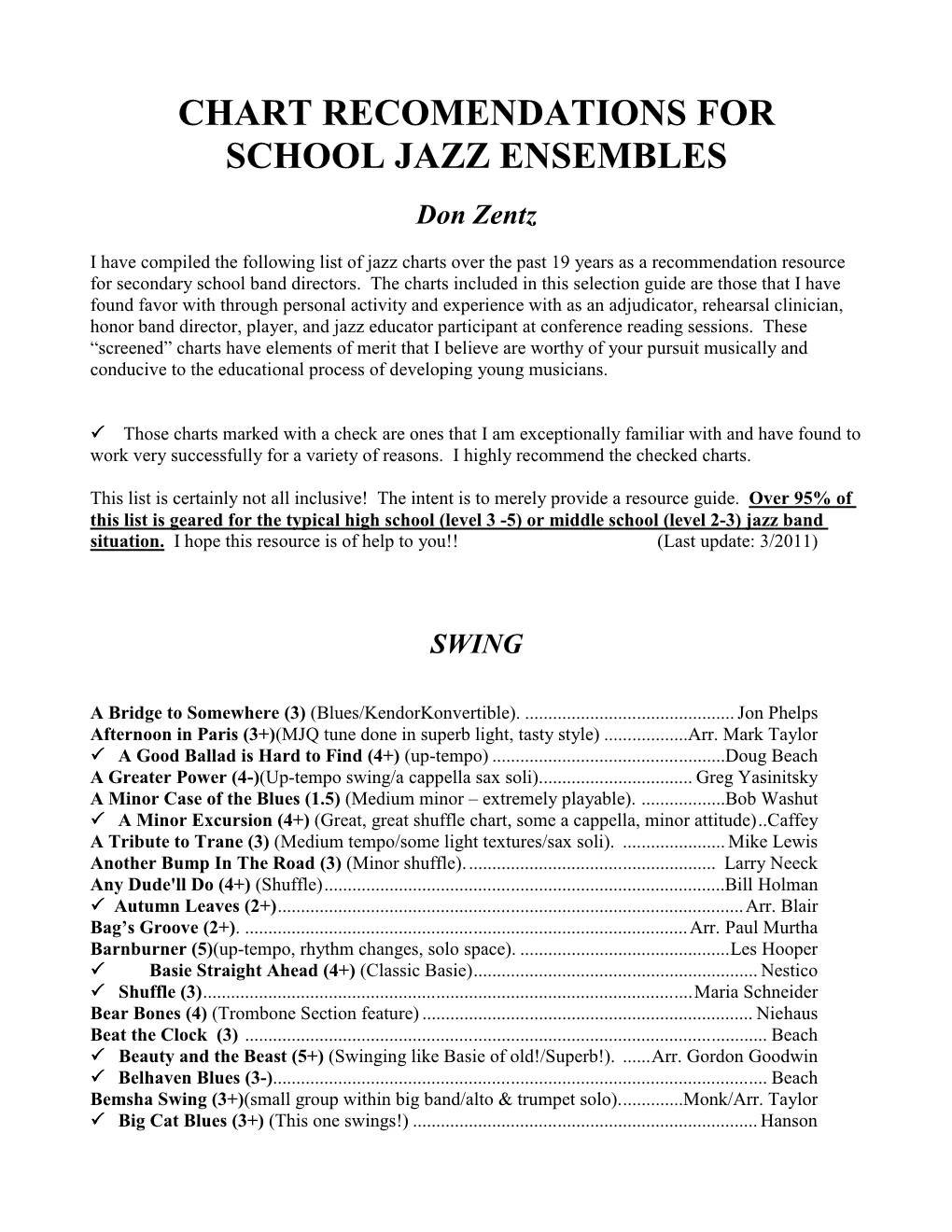 Chart Recomendations for School Jazz Ensembles