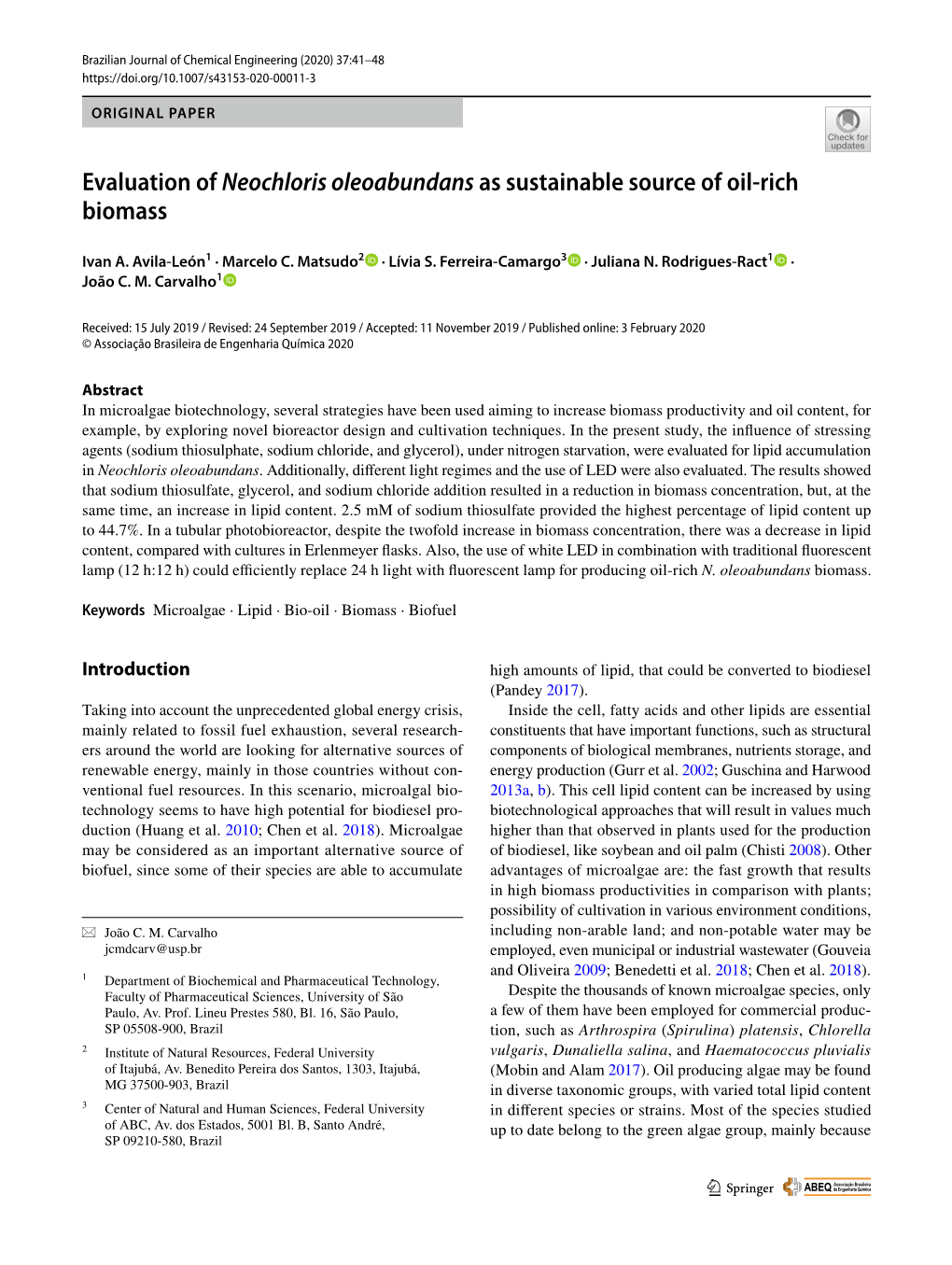 Evaluation of Neochloris Oleoabundans As Sustainable Source of Oil‑Rich Biomass