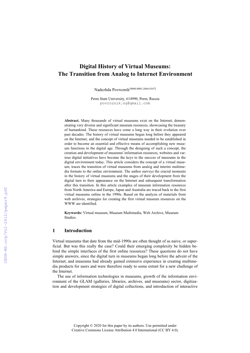 Digital History of Virtual Museums: the Transition from Analog to Internet Environment