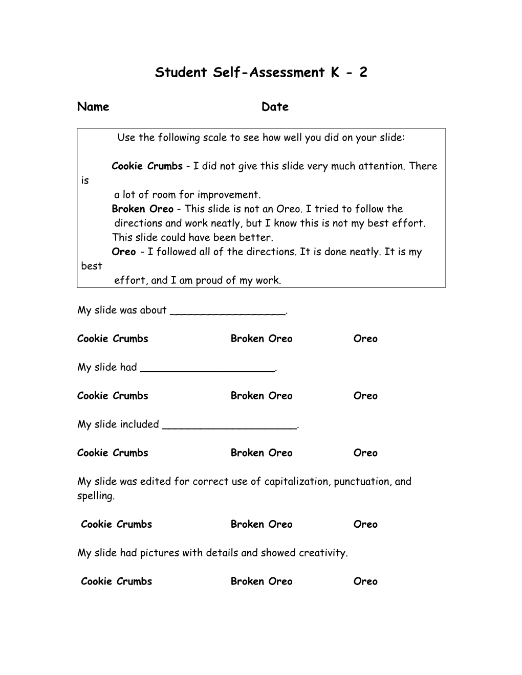 Student Self-Assessment K - 2