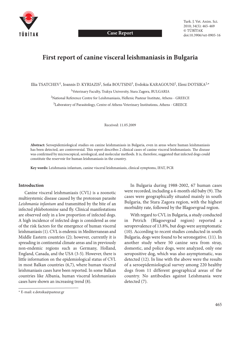 First Report of Canine Visceral Leishmaniasis in Bulgaria