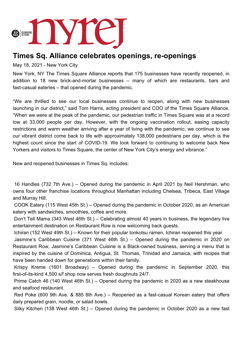 Times Sq. Alliance Celebrates Openings, Re-Openings