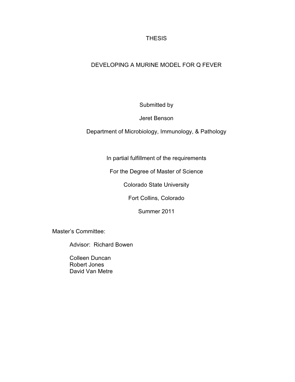 THESIS DEVELOPING a MURINE MODEL for Q FEVER Submitted