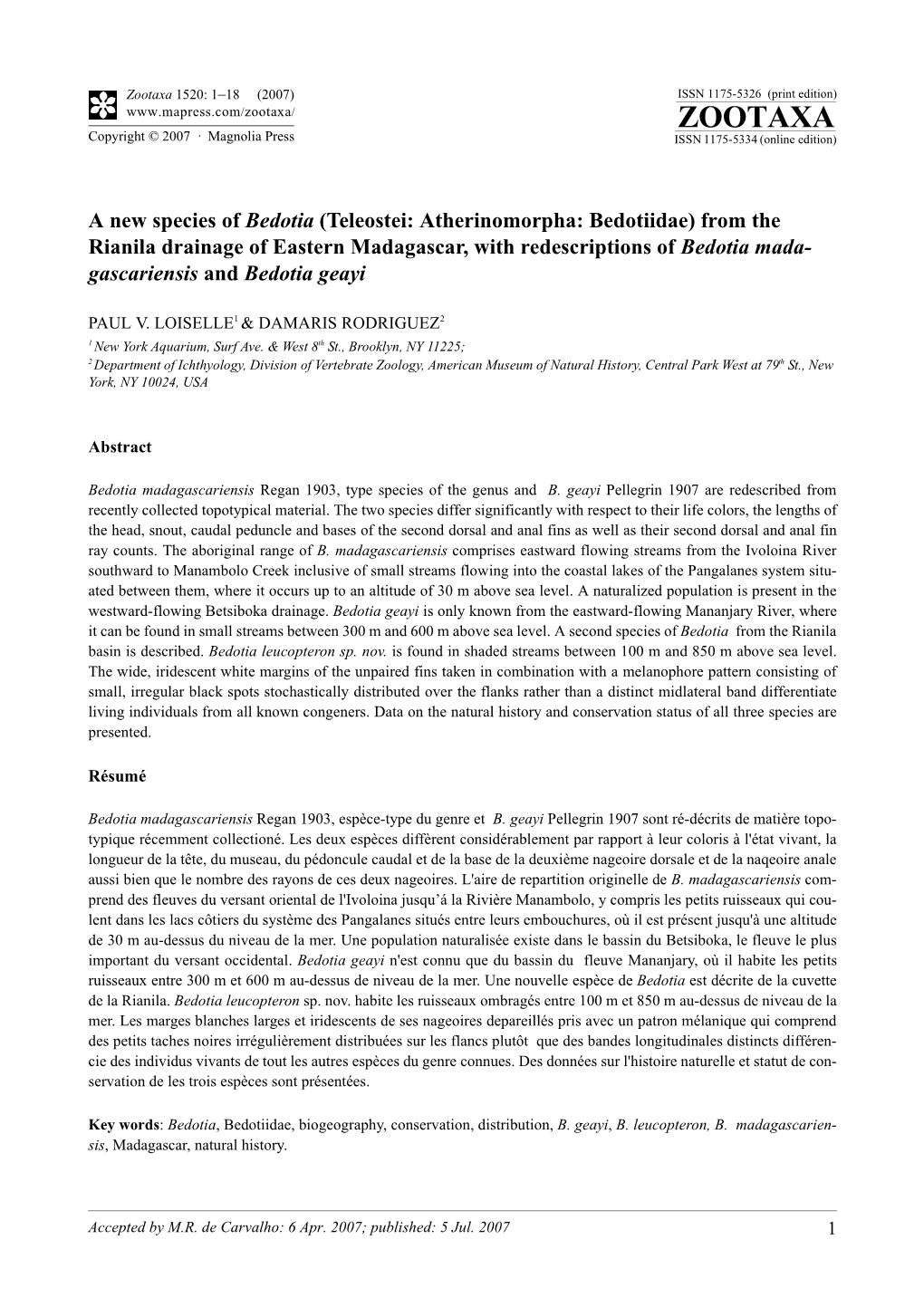 Zootaxa,A New Species of Bedotia (Teleostei