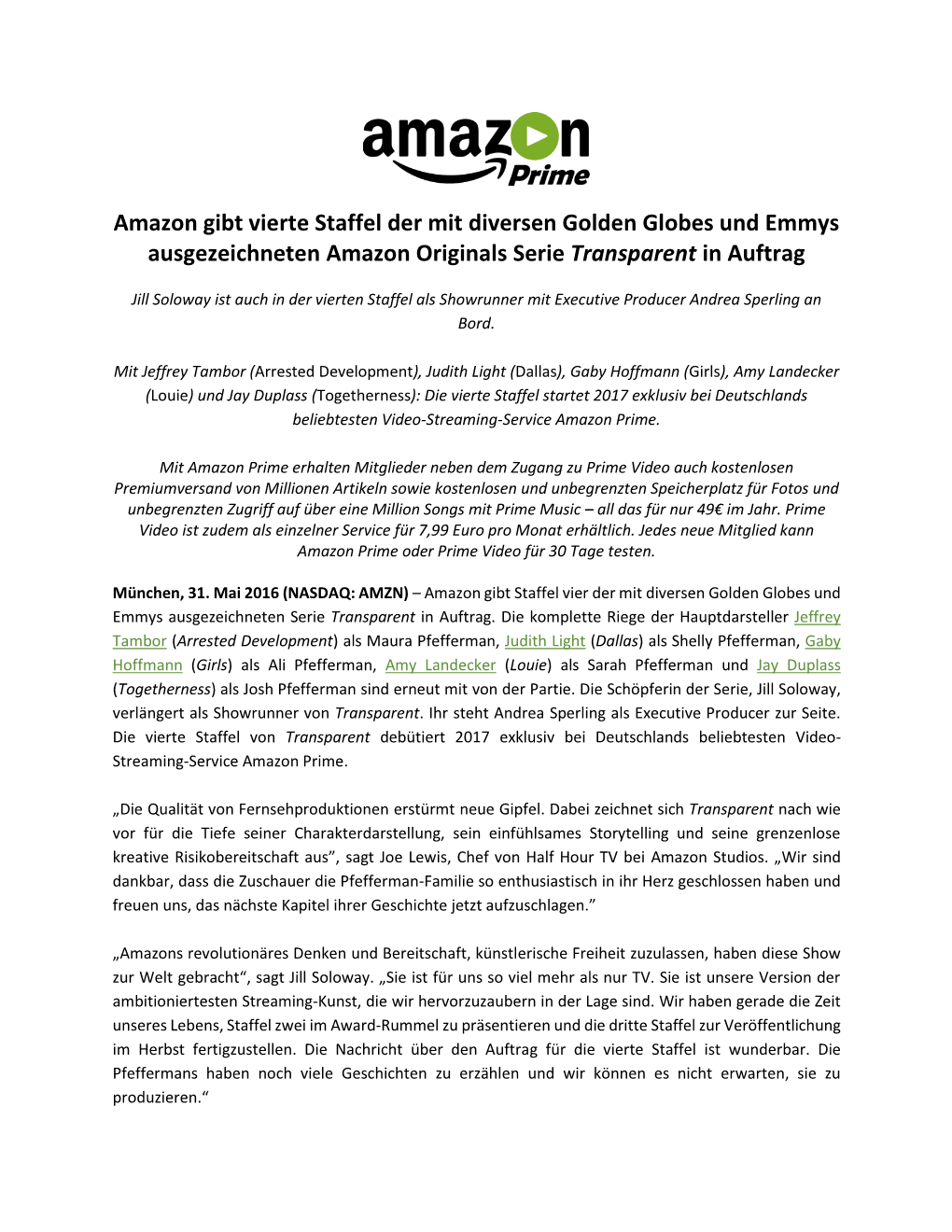 Amazon Gibt Vierte Staffel Der Mit Diversen Golden Globes Und Emmys Ausgezeichneten Amazon Originals Serie Transparent in Auftrag