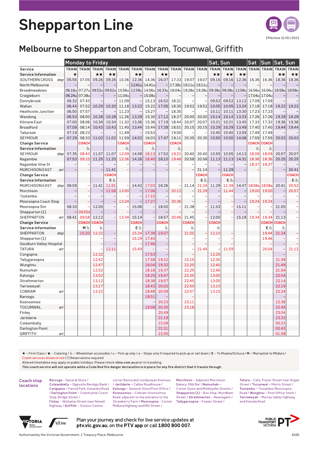 Shepparton Line AD Effective 31/01/2021 Melbourne to Shepparton and Cobram, Tocumwal, Griffith