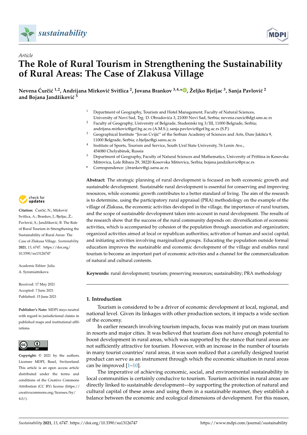 The Role of Rural Tourism in Strengthening the Sustainability of Rural Areas: the Case of Zlakusa Village