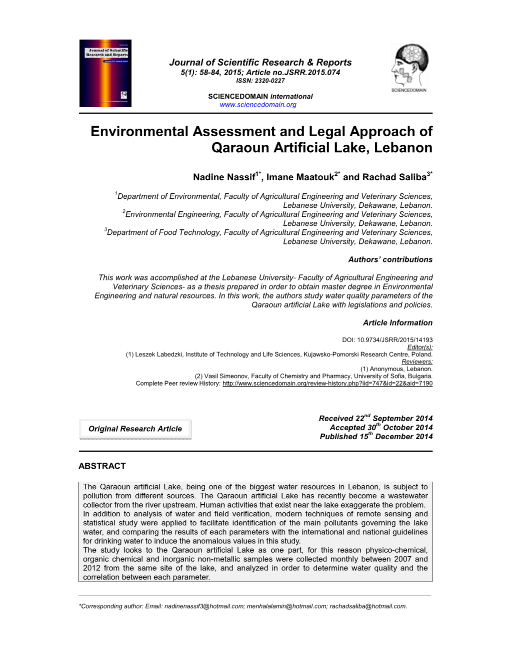 Environmental Assessment and Legal Approach of Qaraoun Artificial Lake, Lebanon