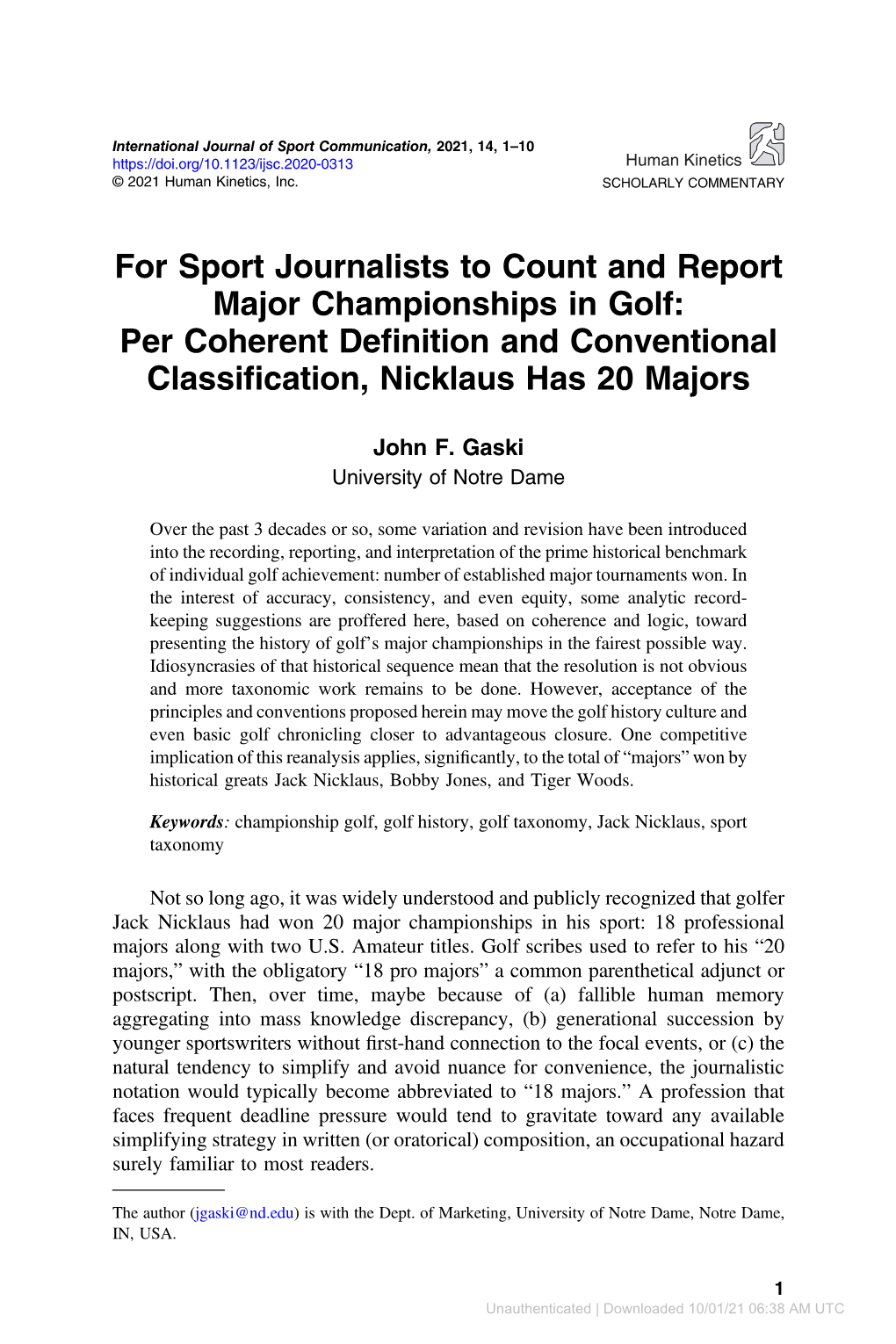 For Sport Journalists to Count and Report Major Championships in Golf: Per Coherent Deﬁnition and Conventional Classiﬁcation, Nicklaus Has 20 Majors