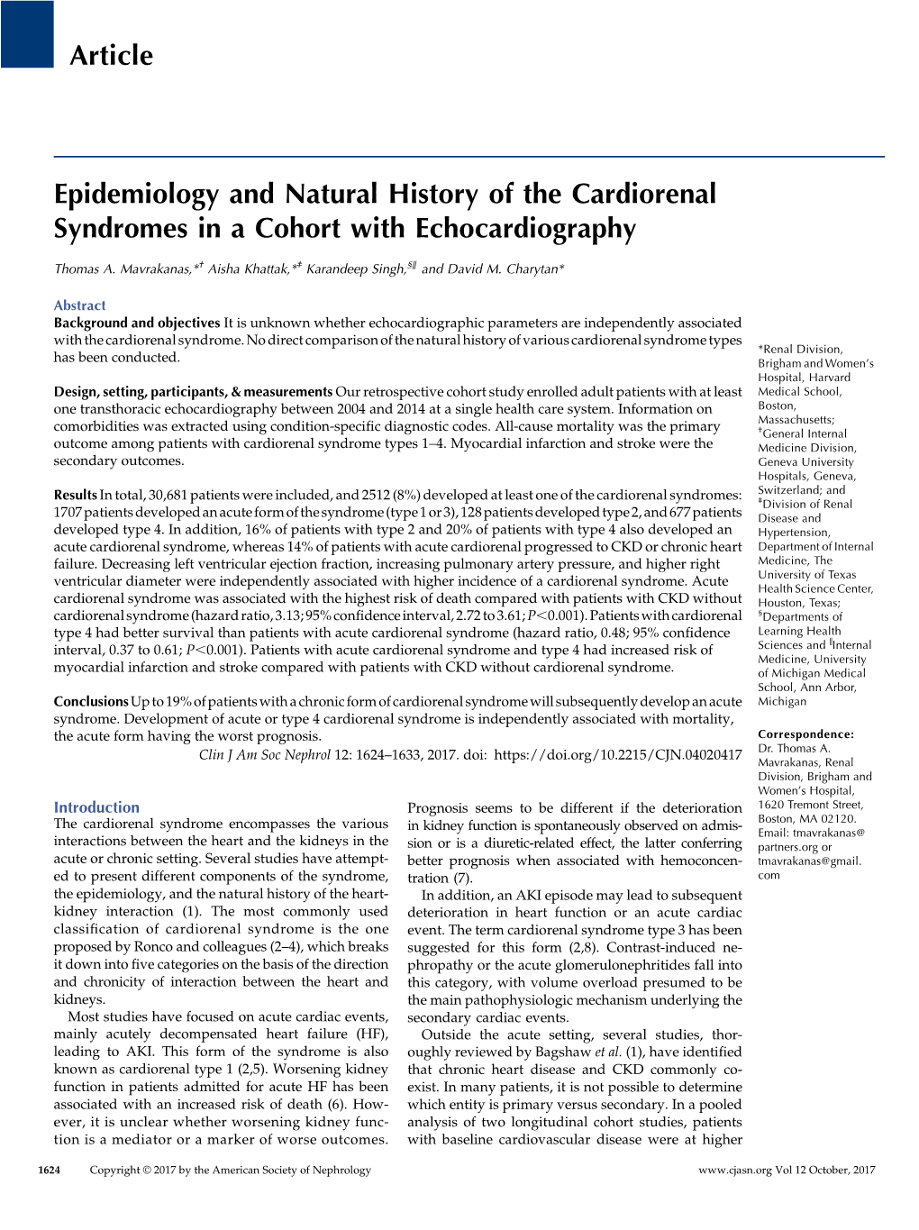 Epidemiology and Natural History of the Cardiorenal Syndromes in a Cohort with Echocardiography