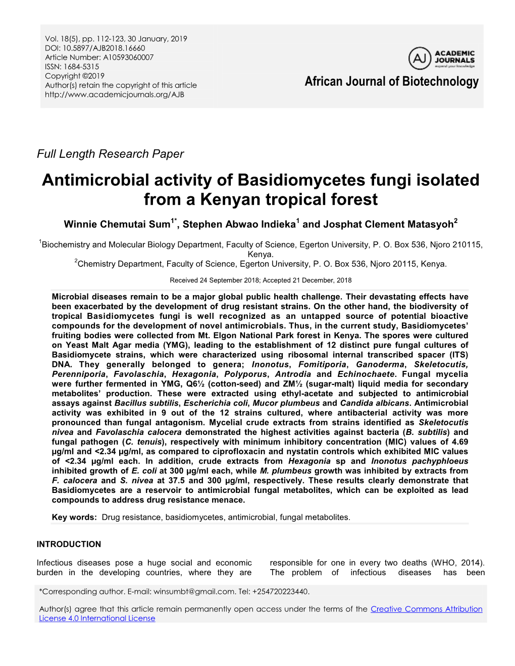 Antimicrobial Activity of Basidiomycetes Fungi Isolated from a Kenyan Tropical Forest