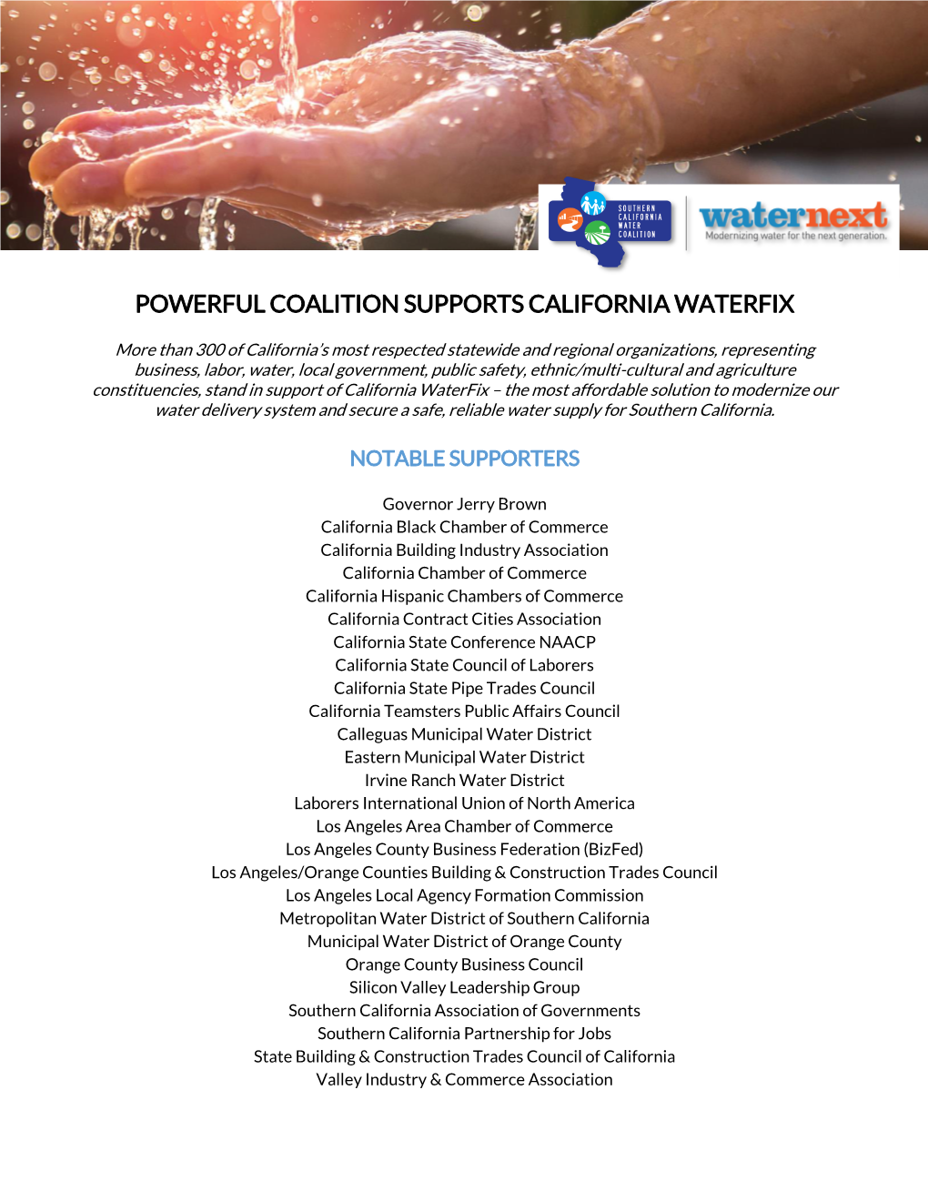 Powerful Coalition Supports California Waterfix