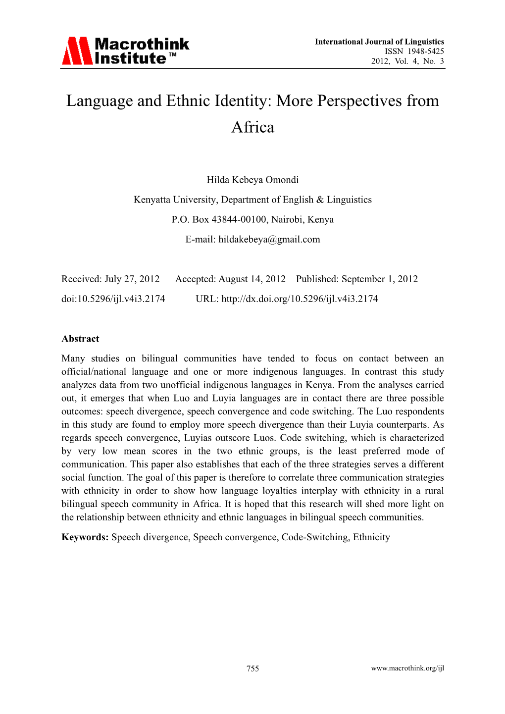 Language and Ethnic Identity: More Perspectives from Africa