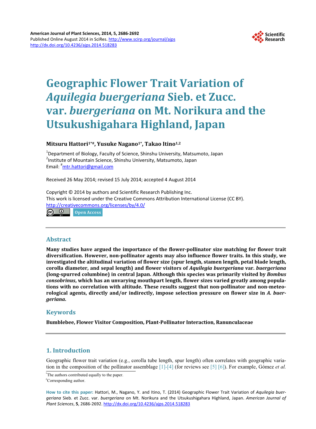 Geographic Flower Trait Variation of Aquilegia Buergeriana Sieb. Et Zucc