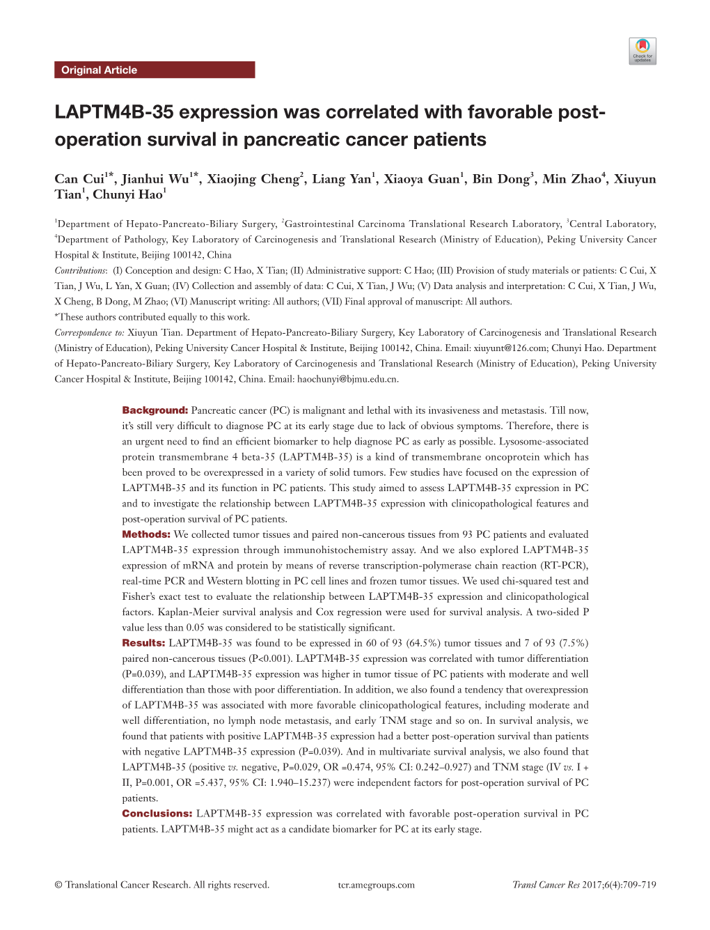 LAPTM4B-35 Expression Was Correlated with Favorable Post- Operation Survival in Pancreatic Cancer Patients