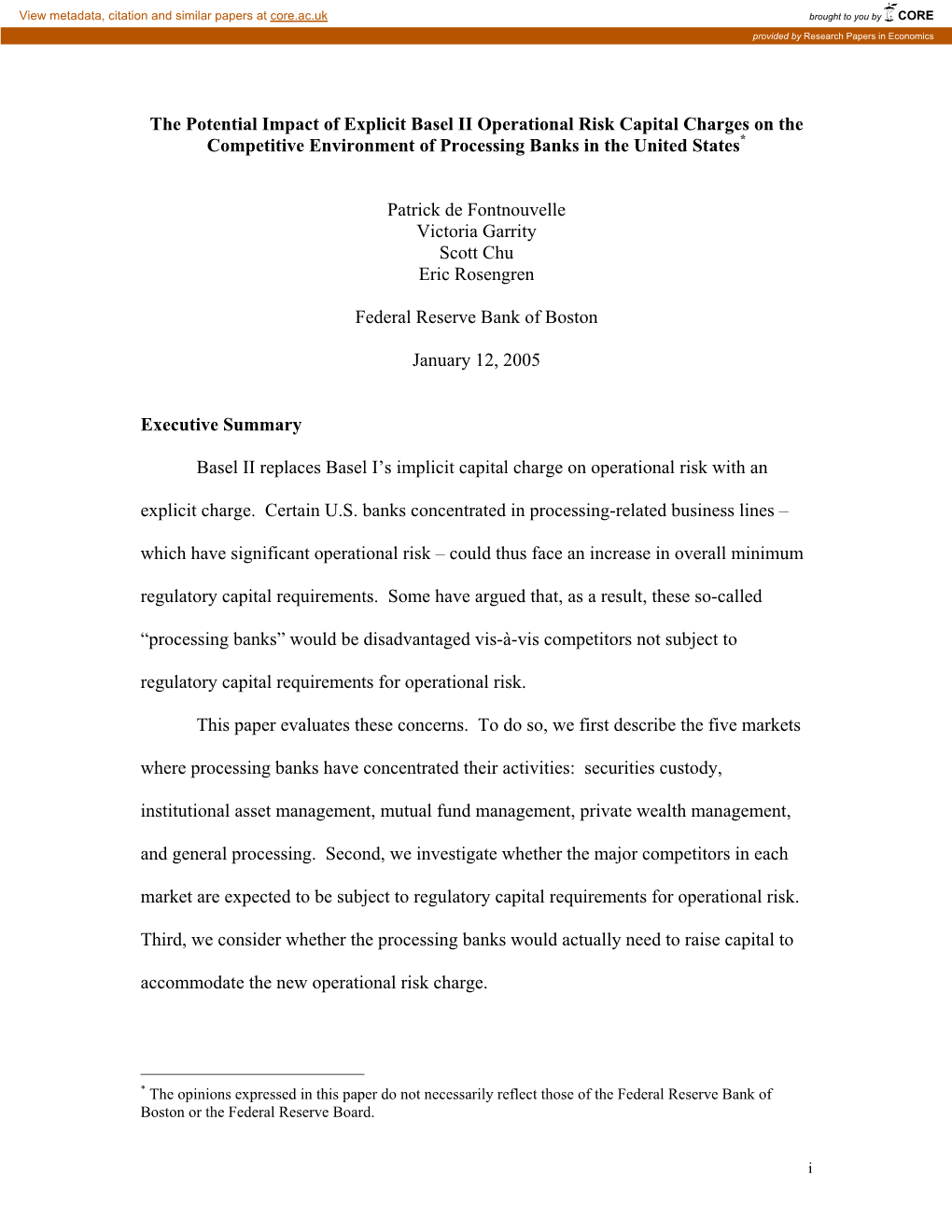 The Potential Impact of Explicit Basel II Operational Risk Capital Charges on the Competitive Environment of Processing Banks in the United States*