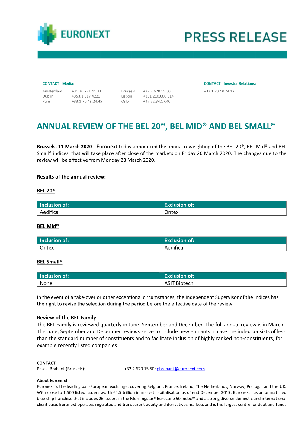 Annual Review of the Bel 20®, Bel Mid® and Bel Small®