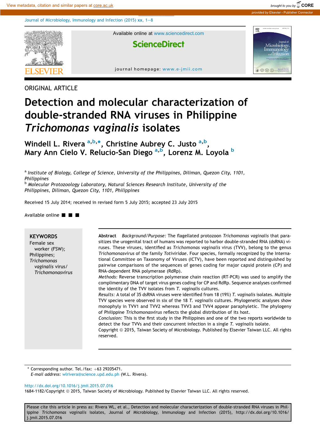 Detection and Molecular Characterization of Double-Stranded RNA Viruses in Philippine Trichomonas Vaginalis Isolates Windell L