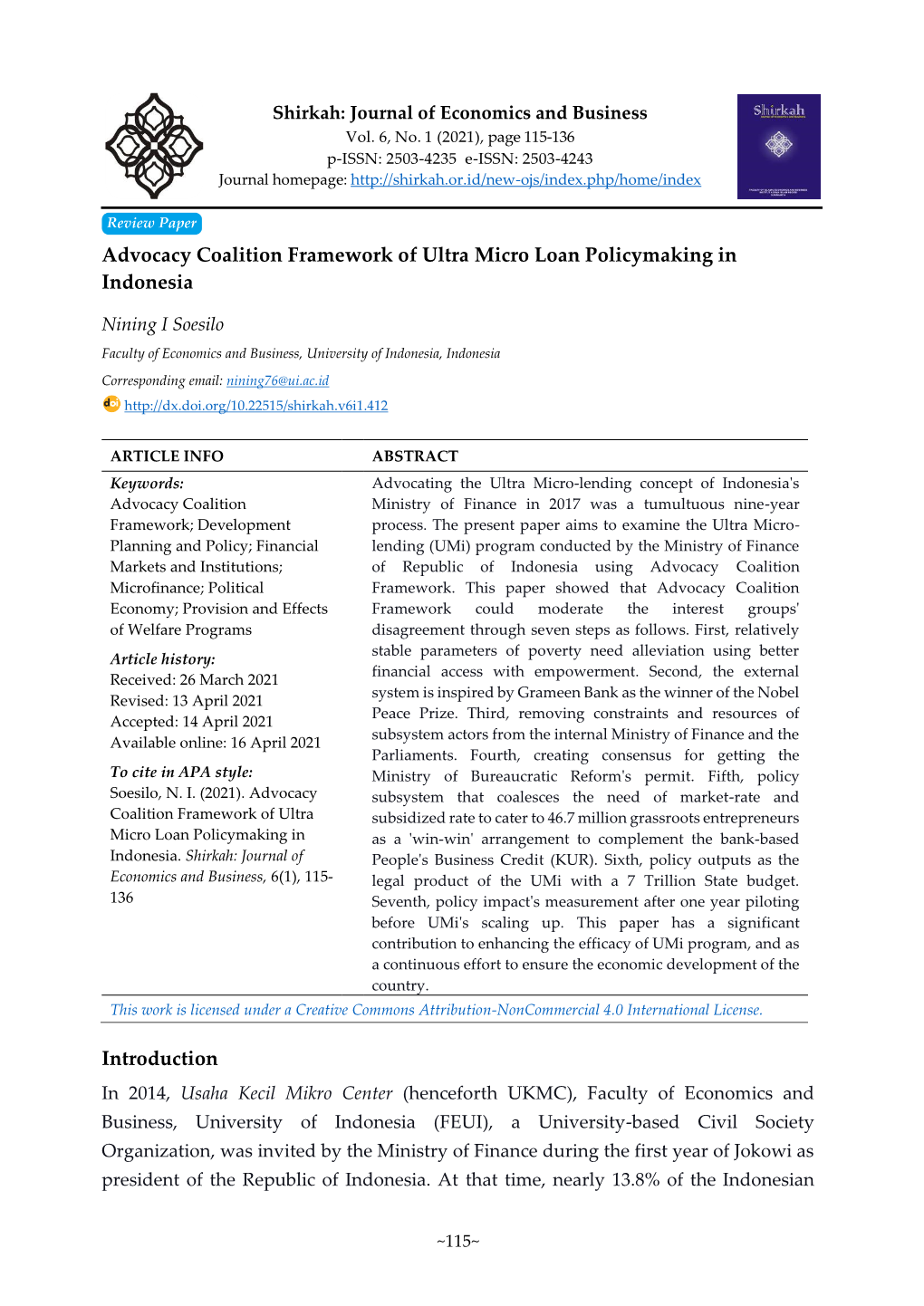 Advocacy Coalition Framework of Ultra Micro Loan Policymaking in Indonesia