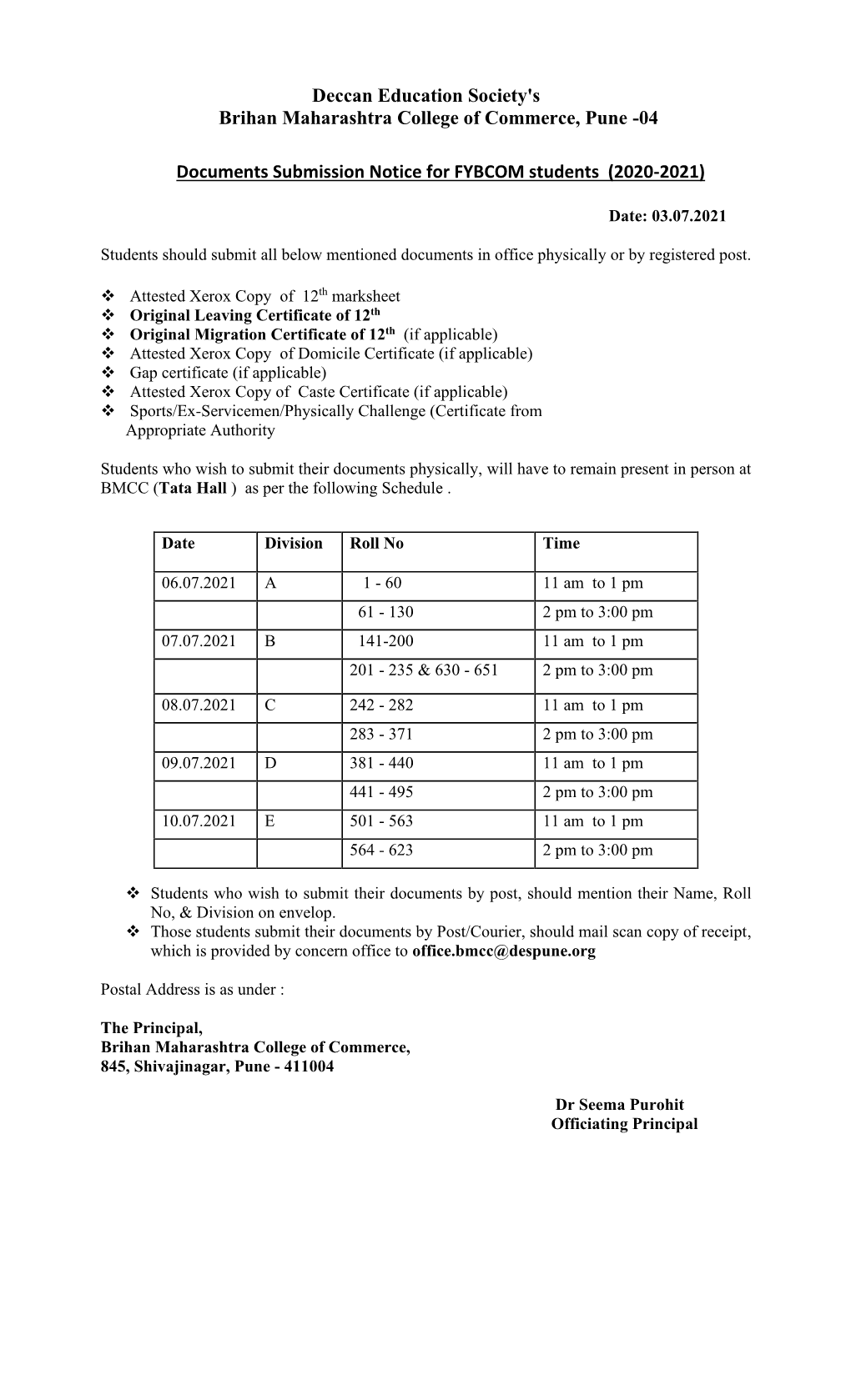 04 Documents Submission Notice for FYBCOM Students (2020-2021)