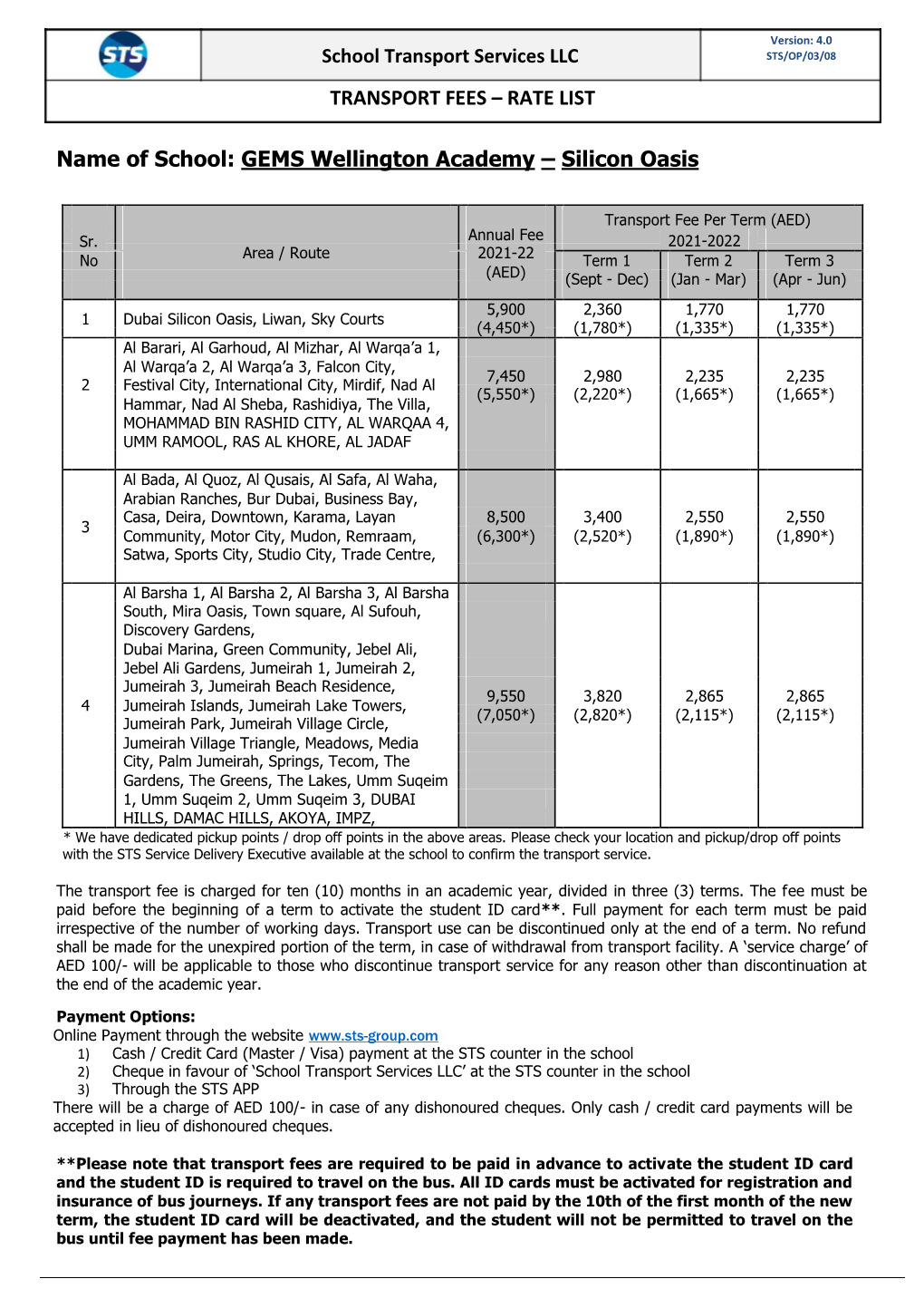 TRANSPORT FEES – RATE LIST Name of School: GEMS Wellington Academy – Silicon Oasis