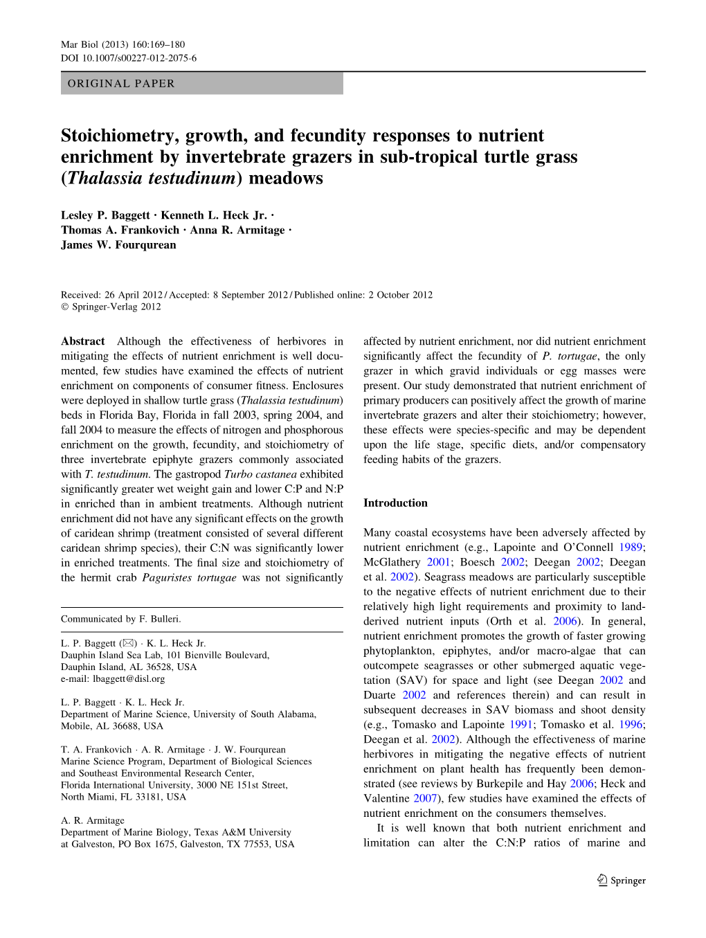 Stoichiometry, Growth, and Fecundity Responses to Nutrient Enrichment by Invertebrate Grazers in Sub-Tropical Turtle Grass (Thalassia Testudinum) Meadows