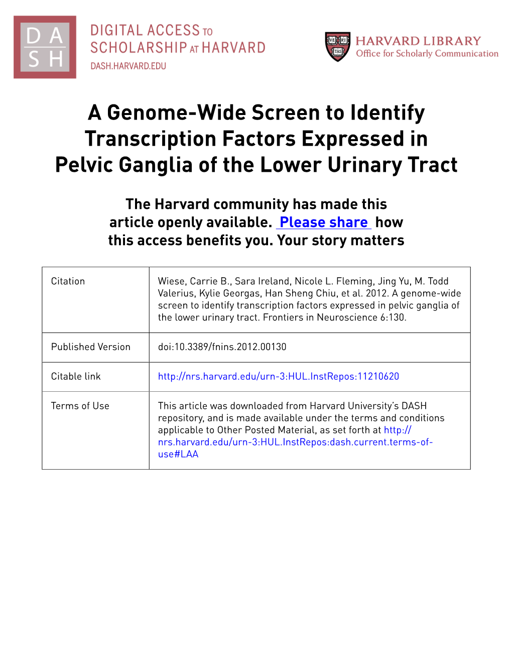 A Genome-Wide Screen to Identify Transcription Factors Expressed in Pelvic Ganglia of the Lower Urinary Tract