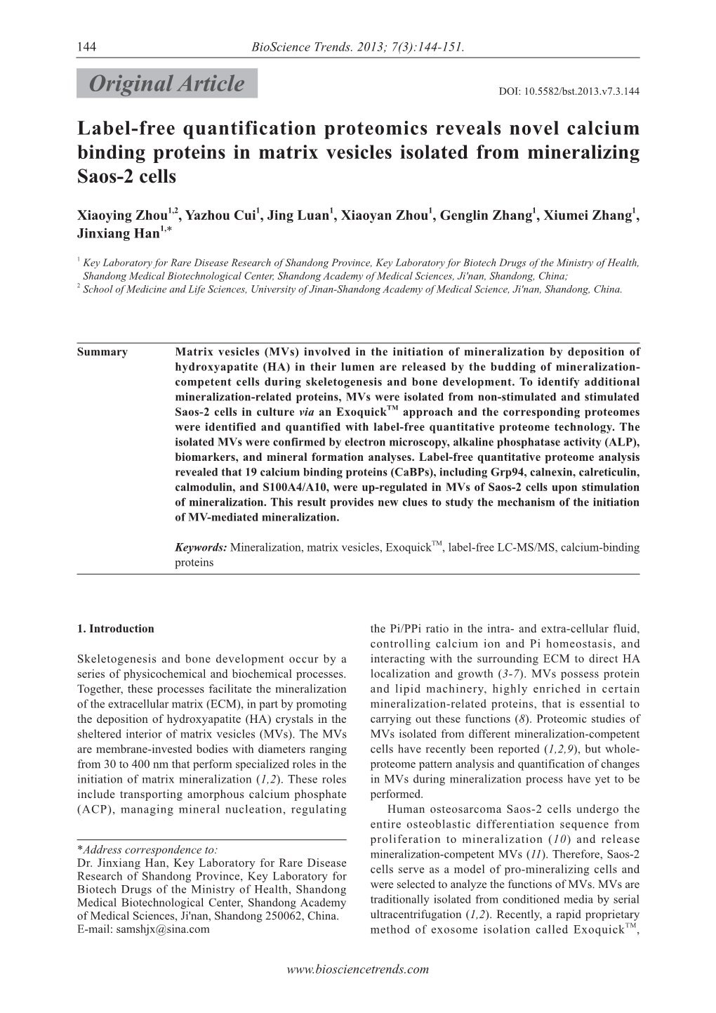 Label-Free Quantification Proteomics Reveals Novel Calcium Binding Proteins in Matrix Vesicles Isolated from Mineralizing Saos-2 Cells