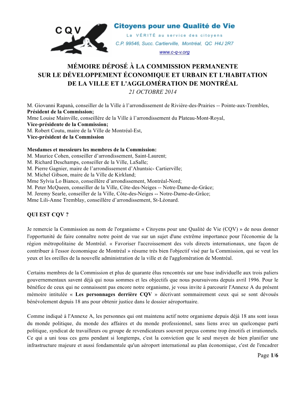 Mémoire Déposé À La Commission Permanente Sur Le Développement Économique Et Urbain Et L'habitation De La Ville Et L'agglomération De Montréal 21 Octobre 2014