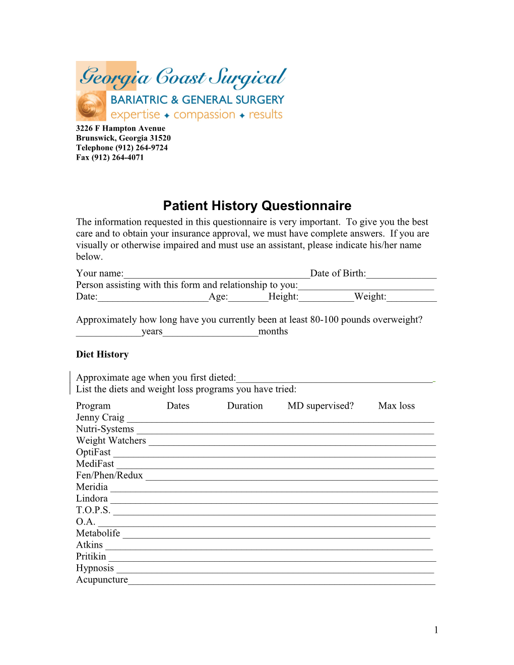 Patient History Questionnaire